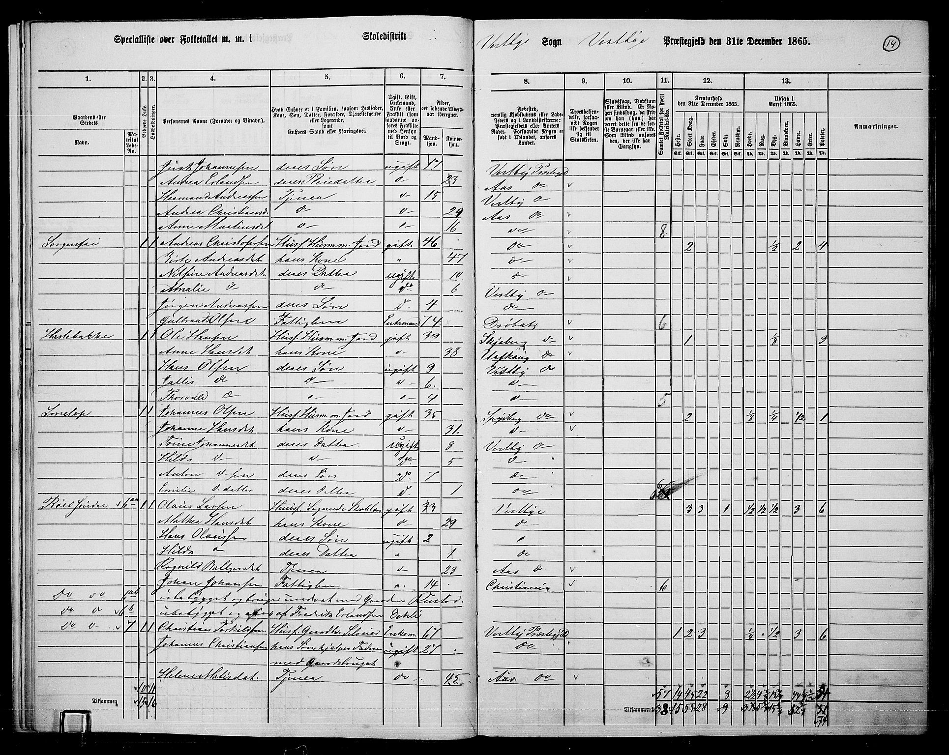 RA, 1865 census for Vestby, 1865, p. 13