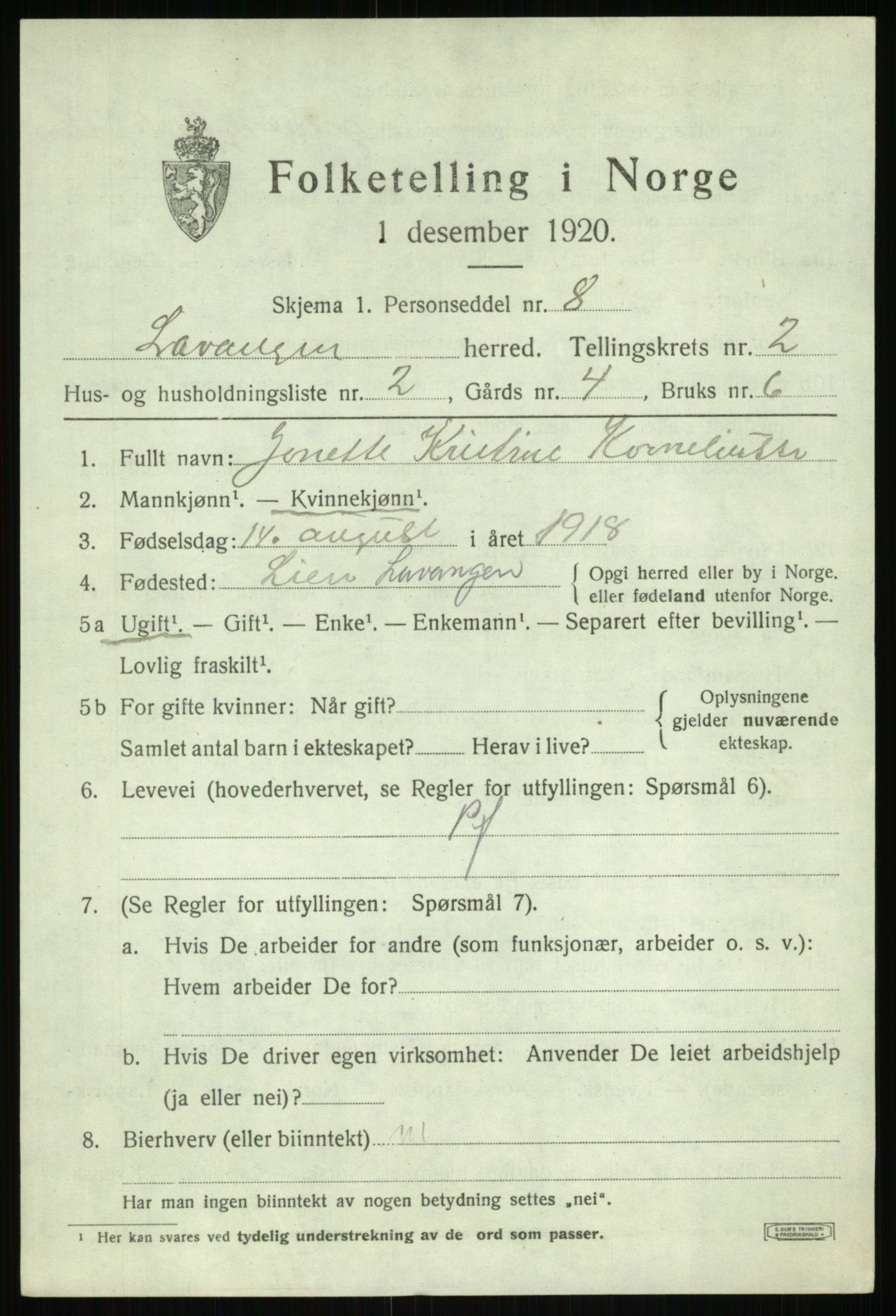 SATØ, 1920 census for Lavangen, 1920, p. 957