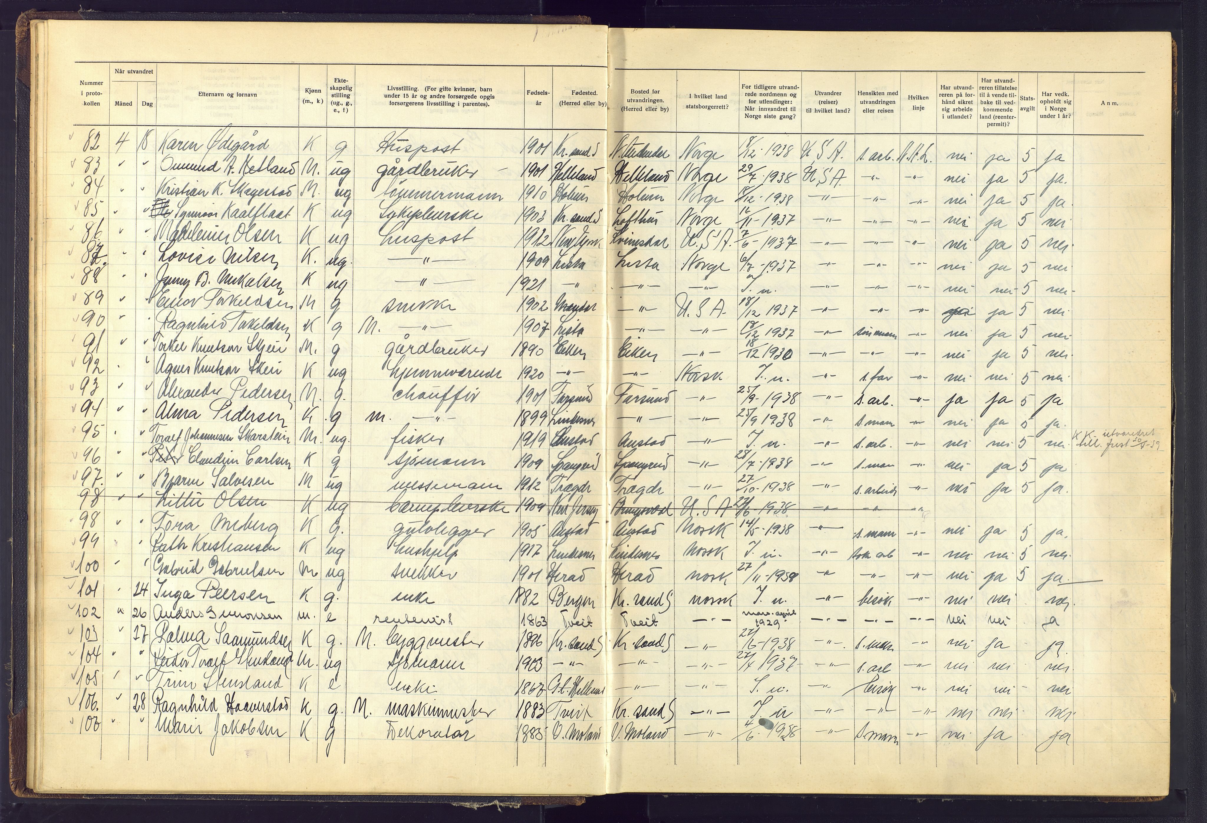 Kristiansand politikammer, AV/SAK-1243-0004/K/Kb/L0248: Emigrantprotokoll, 1938-1951, p. 20