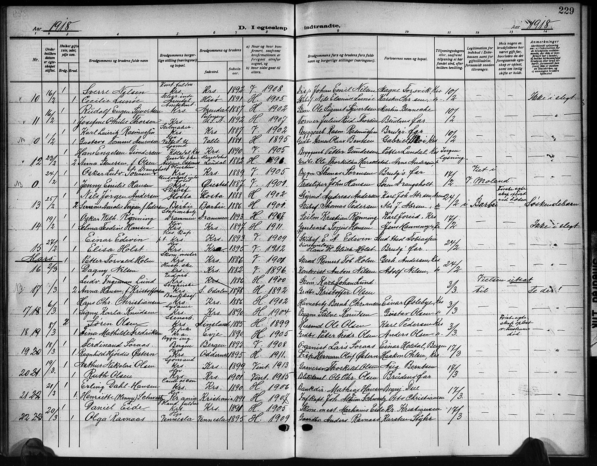 Kristiansand domprosti, SAK/1112-0006/F/Fb/L0021: Parish register (copy) no. B 21, 1914-1923, p. 229