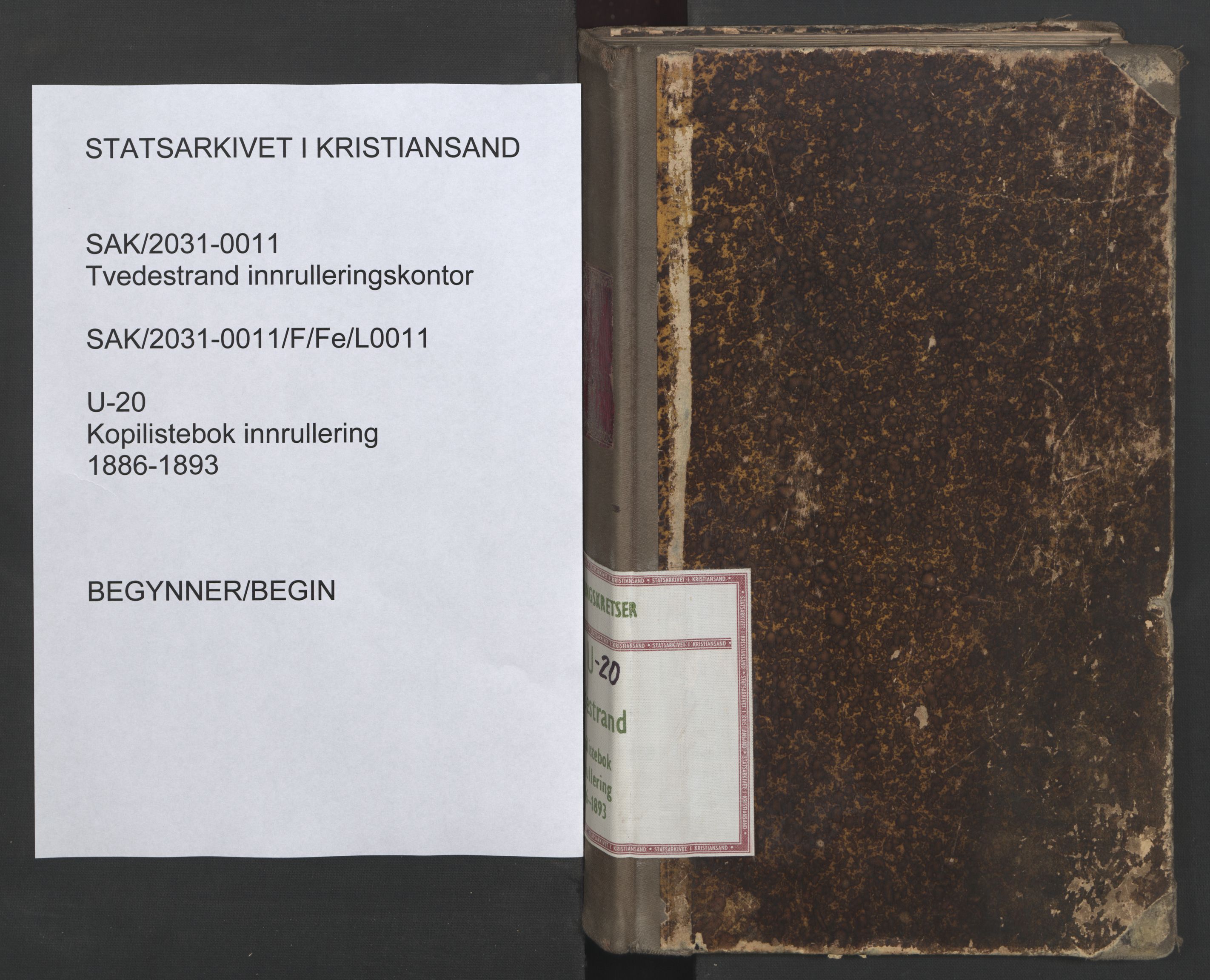 Tvedestrand mønstringskrets, SAK/2031-0011/F/Fe/L0011: Kopilistebok innrullering, U-20, 1886-1893, p. 1