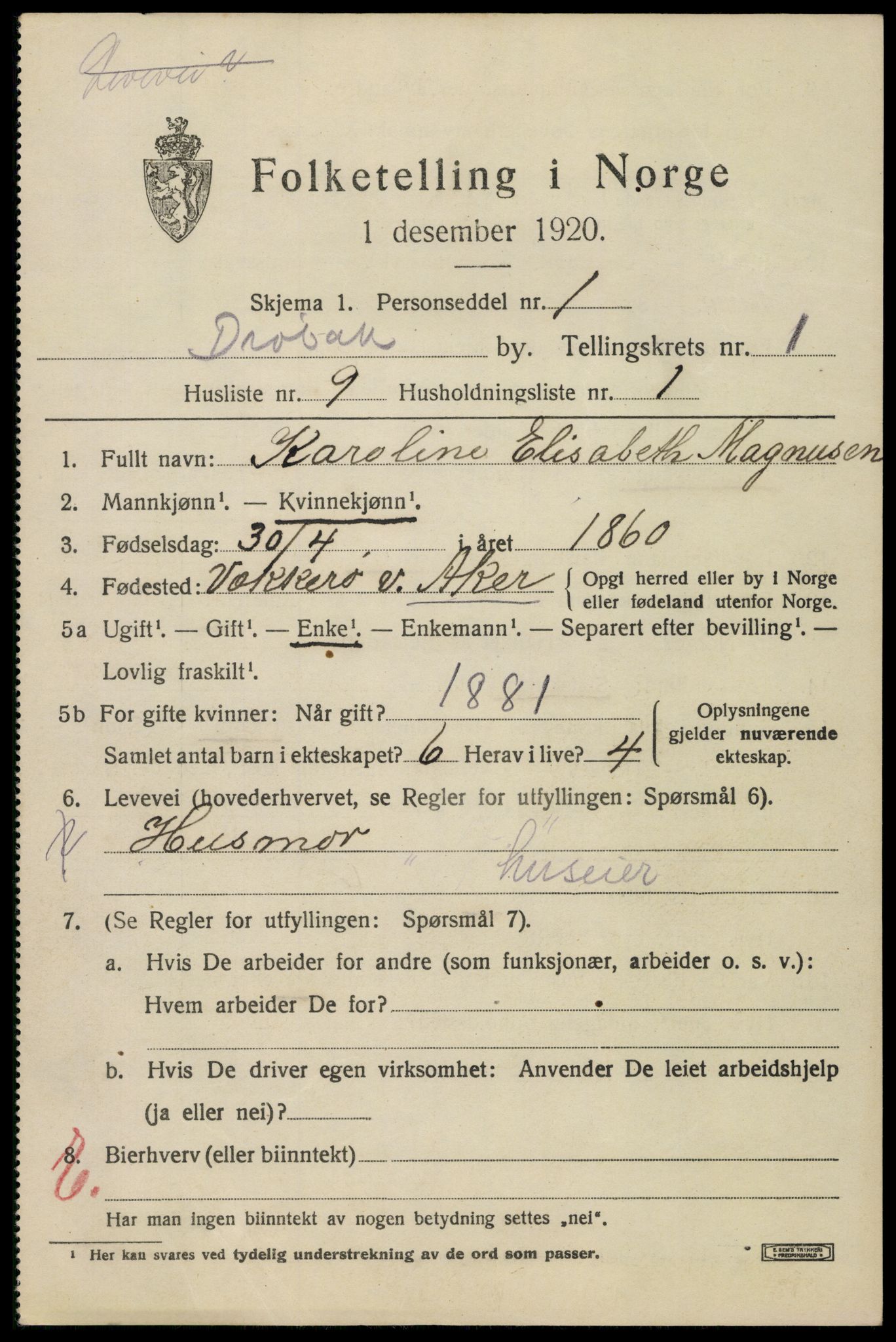 SAO, 1920 census for Drøbak, 1920, p. 2083