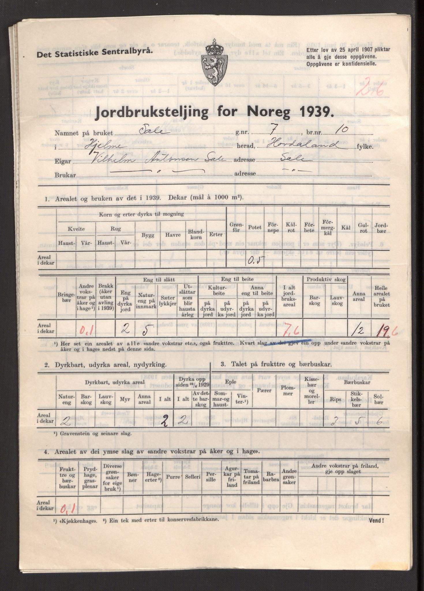Statistisk sentralbyrå, Næringsøkonomiske emner, Jordbruk, skogbruk, jakt, fiske og fangst, AV/RA-S-2234/G/Gb/L0211: Hordaland: Herdla, Hjelme og Manger, 1939, p. 1189