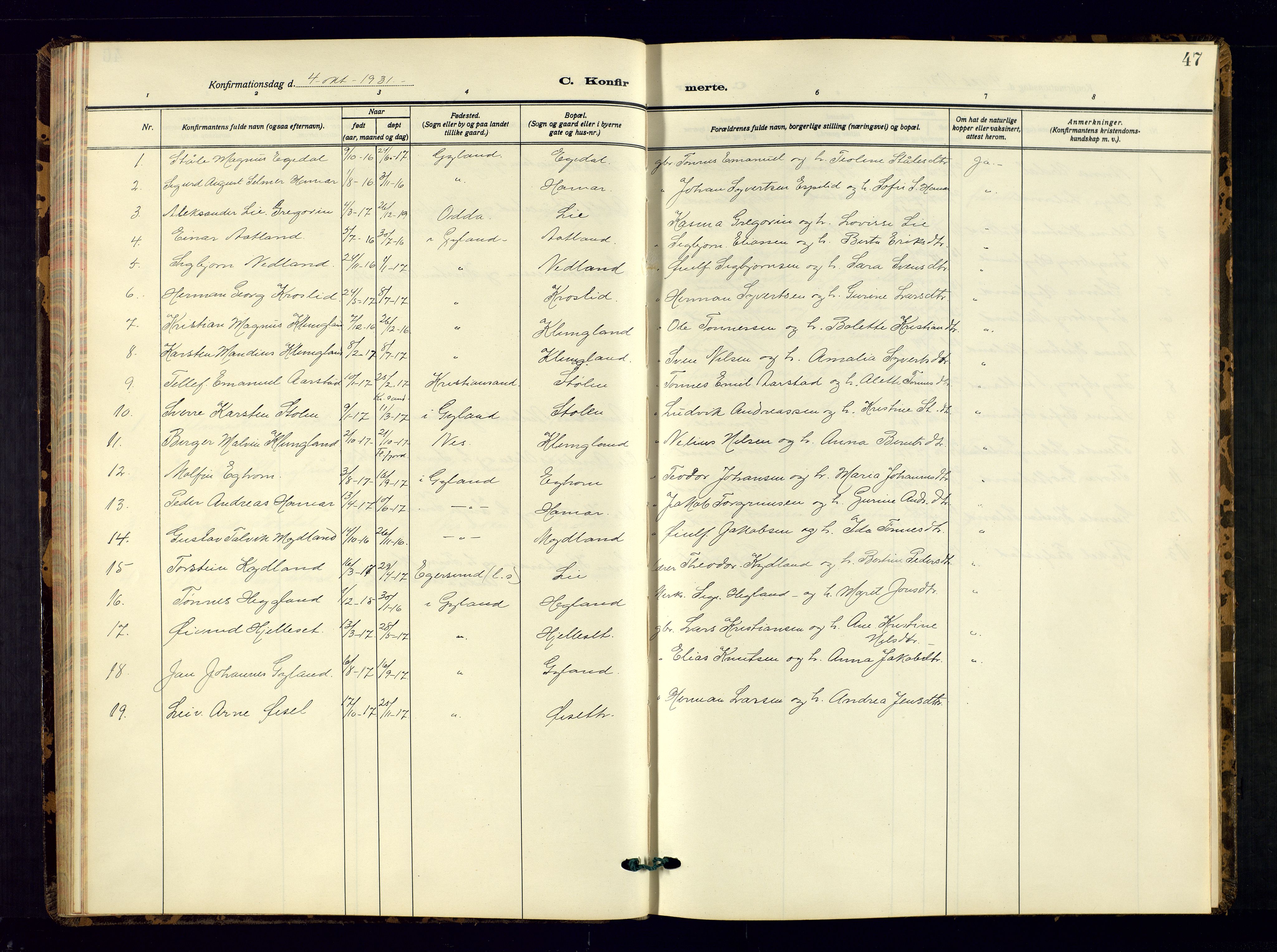 Bakke sokneprestkontor, SAK/1111-0002/F/Fb/Fbb/L0005: Parish register (copy) no. B 5, 1927-1947, p. 47