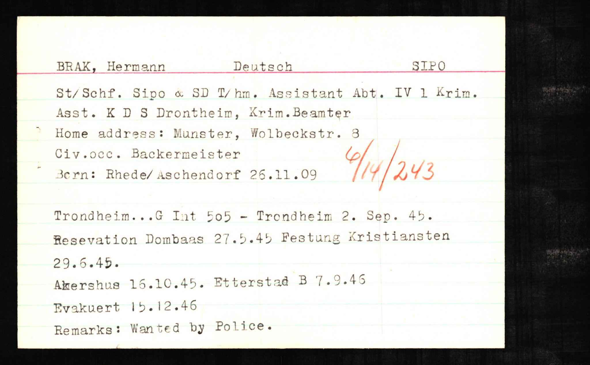 Forsvaret, Forsvarets overkommando II, RA/RAFA-3915/D/Db/L0004: CI Questionaires. Tyske okkupasjonsstyrker i Norge. Tyskere., 1945-1946, p. 52