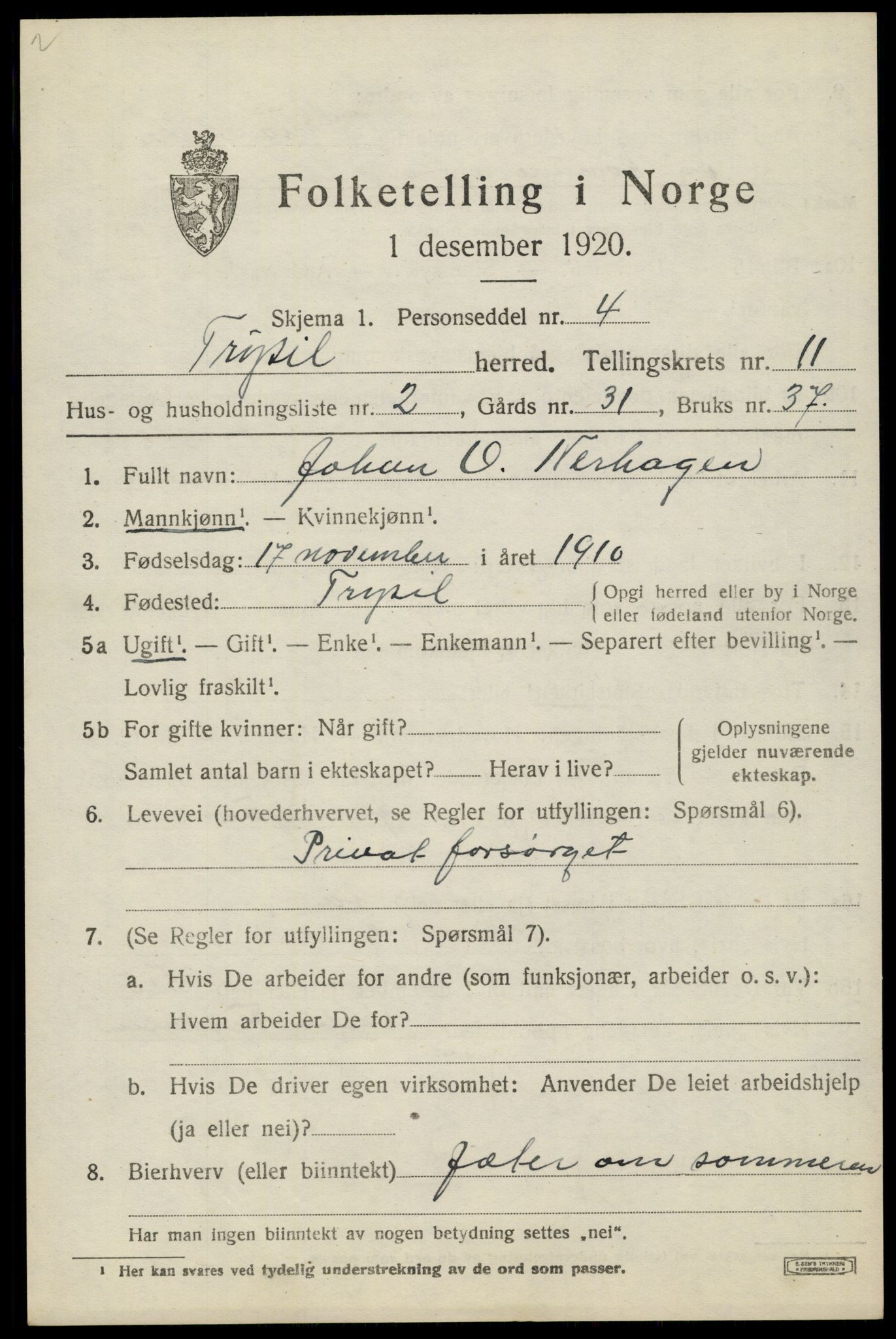 SAH, 1920 census for Trysil, 1920, p. 6985
