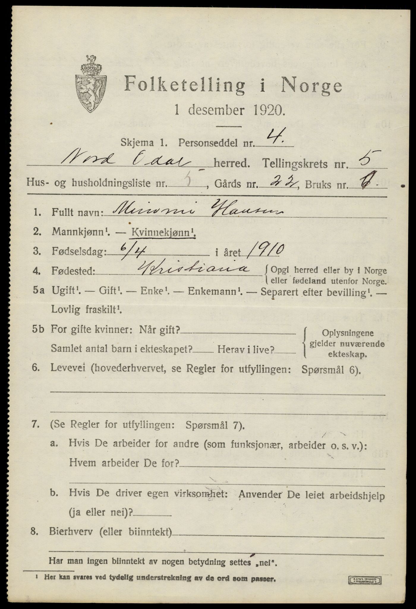 SAH, 1920 census for Nord-Odal, 1920, p. 5093