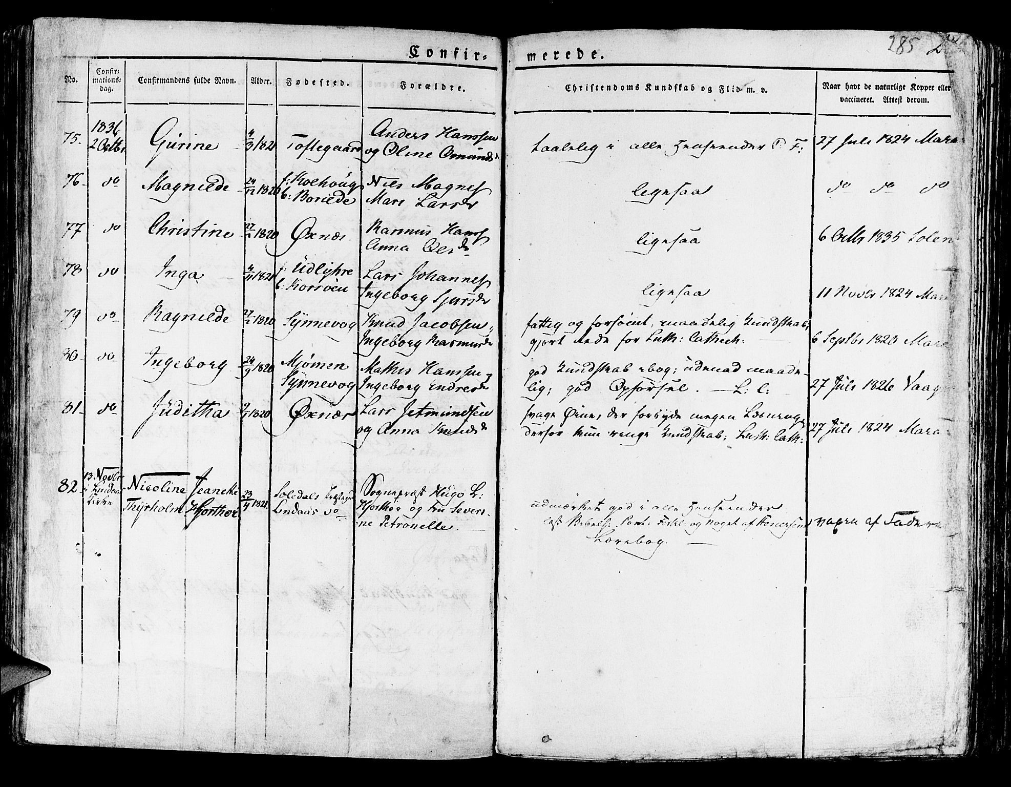 Lindås Sokneprestembete, AV/SAB-A-76701/H/Haa/Haaa/L0008: Parish register (official) no. A 8, 1823-1836, p. 285