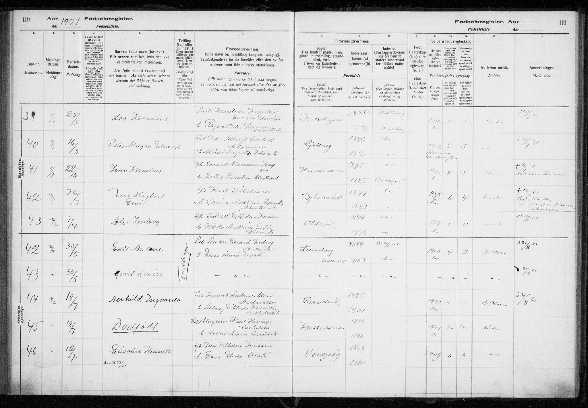 Tromsøysund sokneprestkontor, AV/SATØ-S-1304/H/Ha/L0079: Birth register no. 79, 1916-1924, p. 119