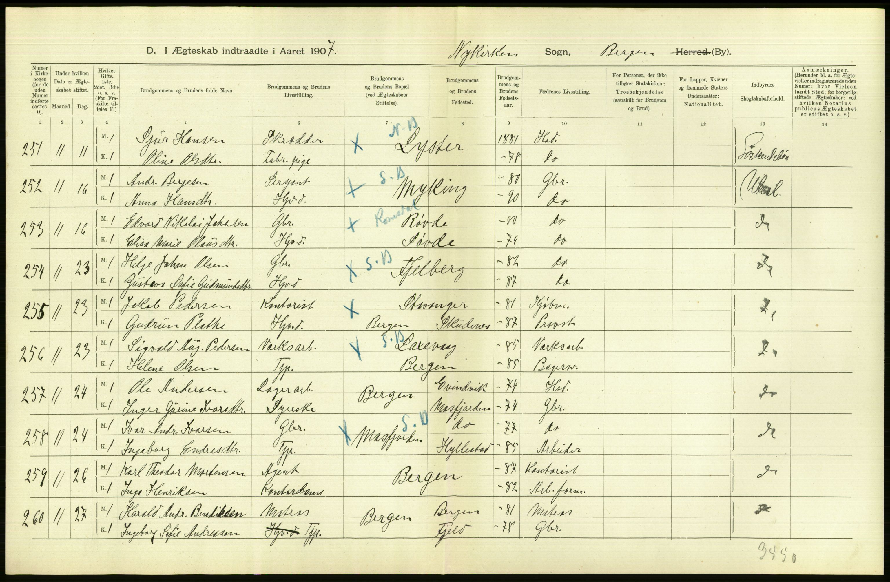 Statistisk sentralbyrå, Sosiodemografiske emner, Befolkning, AV/RA-S-2228/D/Df/Dfa/Dfae/L0031: Bergen: gifte, døde, dødfødte., 1907, p. 10