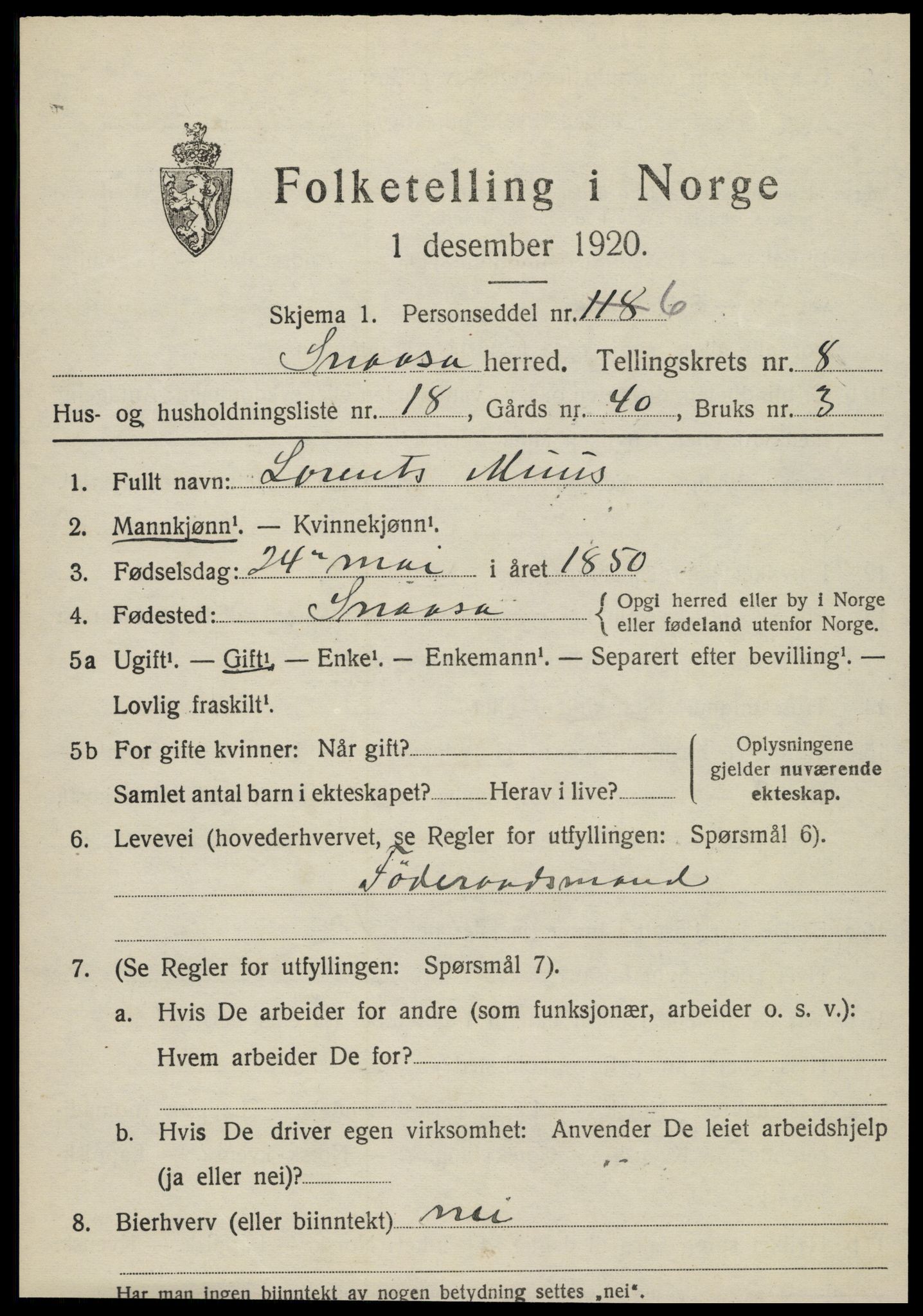 SAT, 1920 census for Snåsa, 1920, p. 3402