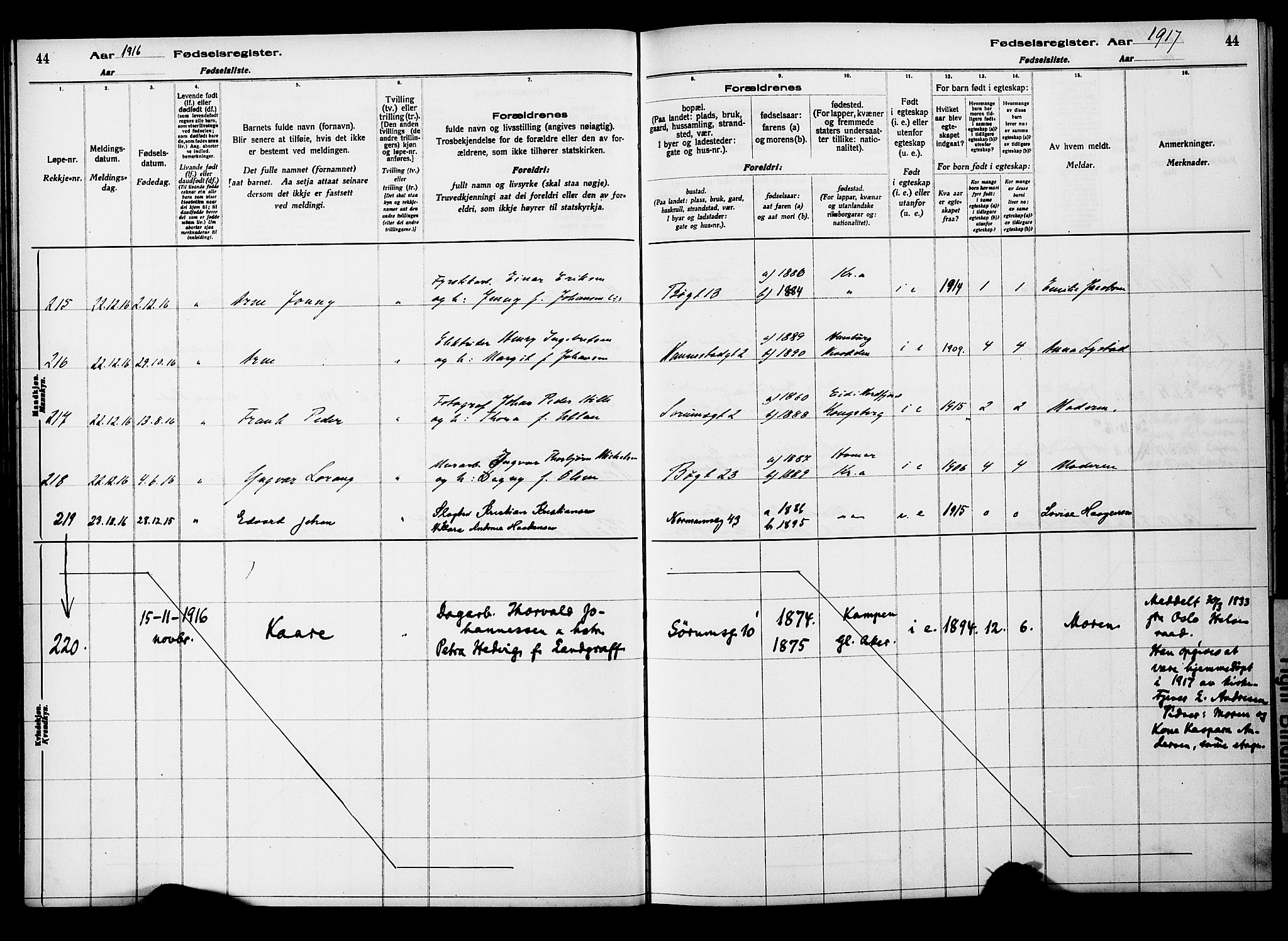 Kampen prestekontor Kirkebøker, SAO/A-10853/J/Ja/L0001: Birth register no. 1, 1916-1920, p. 44