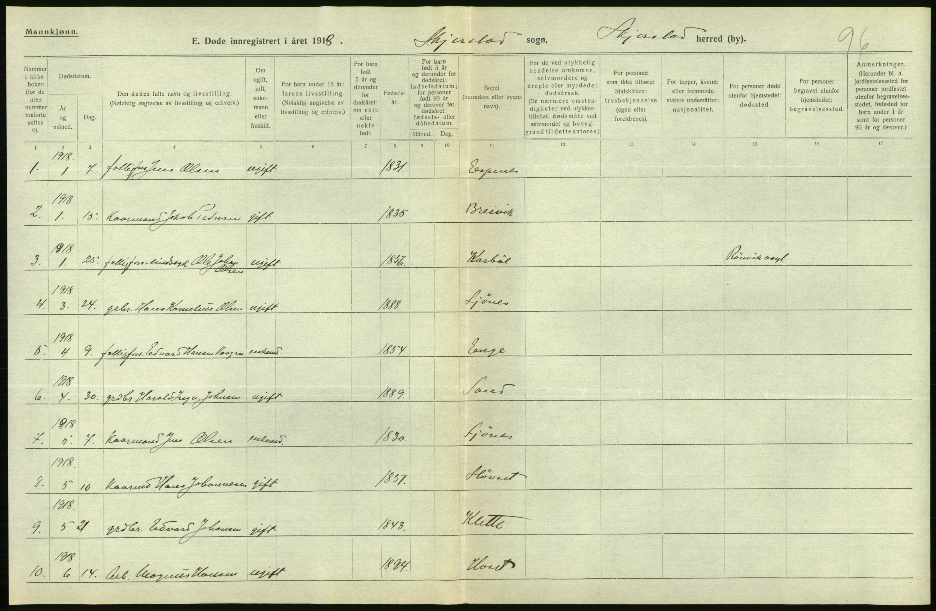 Statistisk sentralbyrå, Sosiodemografiske emner, Befolkning, AV/RA-S-2228/D/Df/Dfb/Dfbh/L0055: Nordland fylke: Døde. Bygder og byer., 1918, p. 306