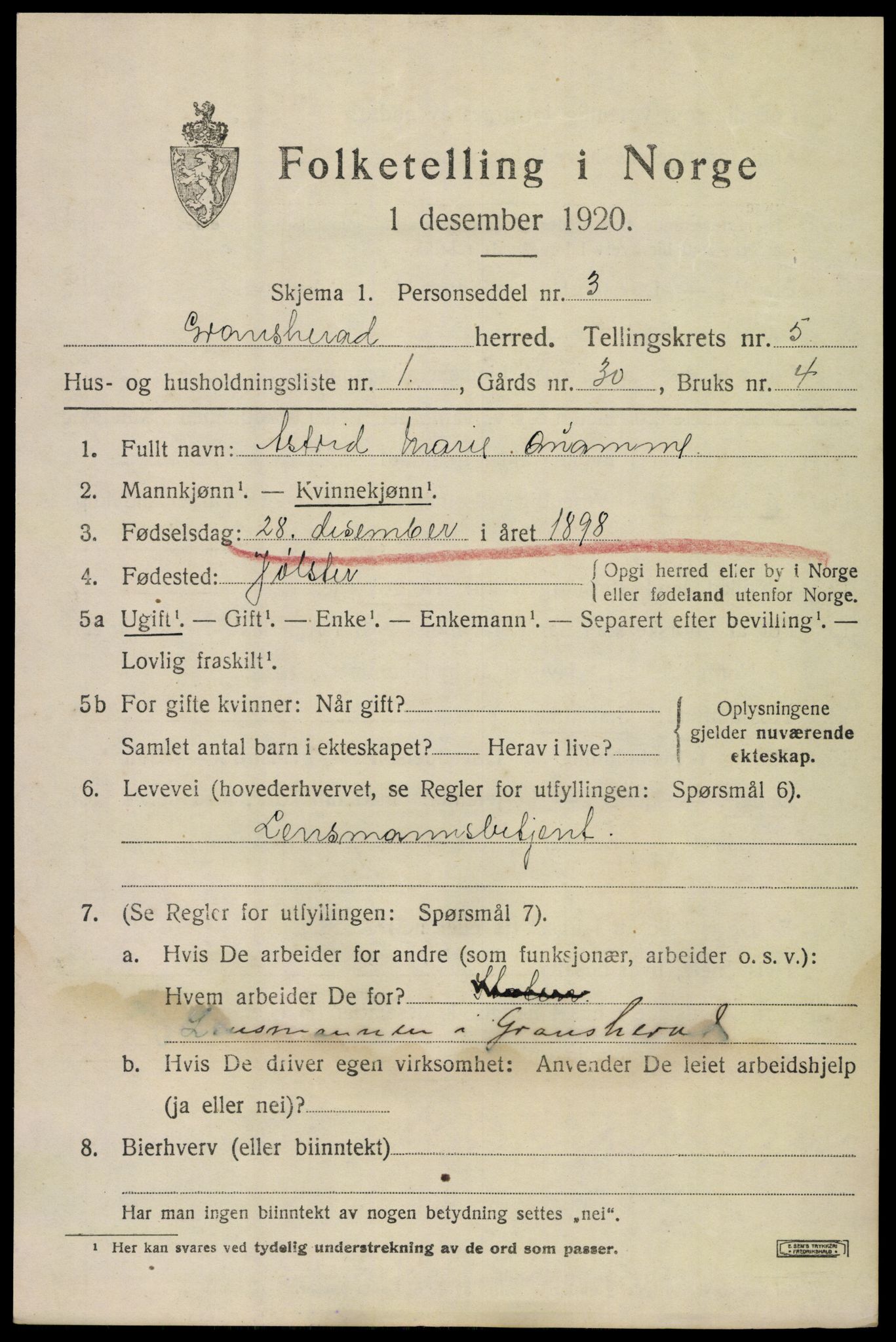 SAKO, 1920 census for Gransherad, 1920, p. 1968