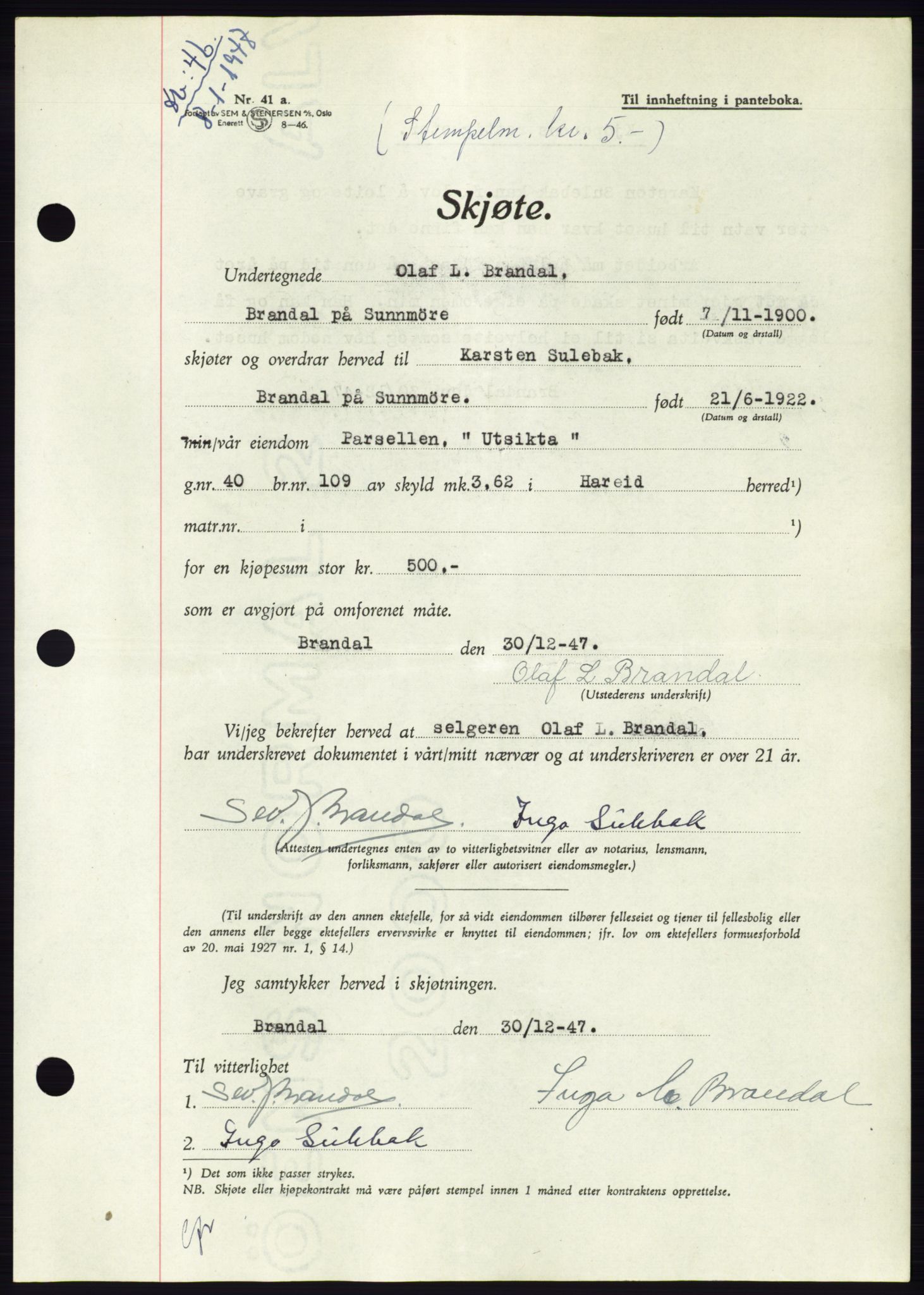 Søre Sunnmøre sorenskriveri, AV/SAT-A-4122/1/2/2C/L0081: Mortgage book no. 7A, 1947-1948, Diary no: : 46/1948