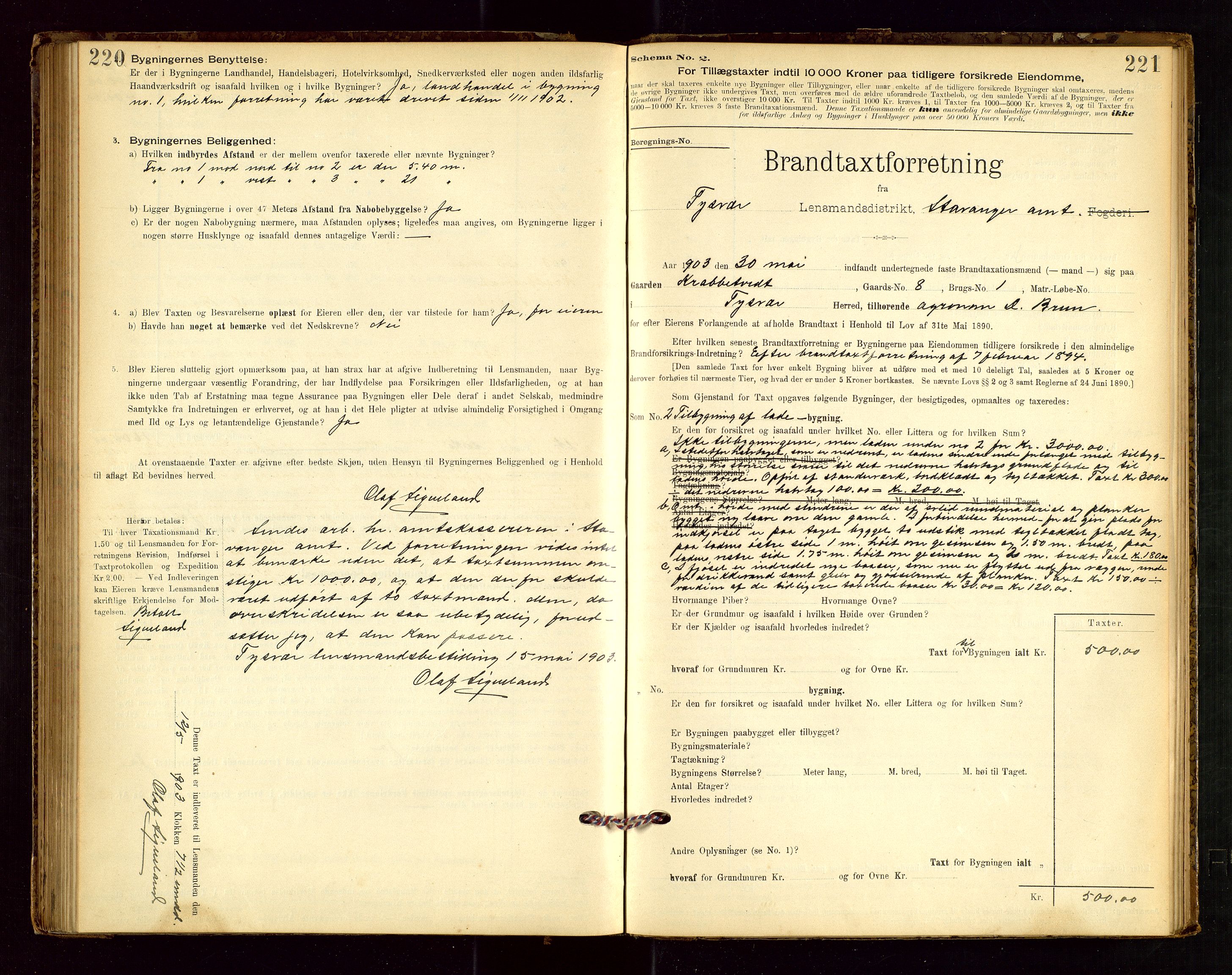 Tysvær lensmannskontor, AV/SAST-A-100192/Gob/L0001: "Brandtaxationsprotokol for Tysvær Lensmandsdistrikt Ryfylke Fogderi", 1894-1916, p. 220-221