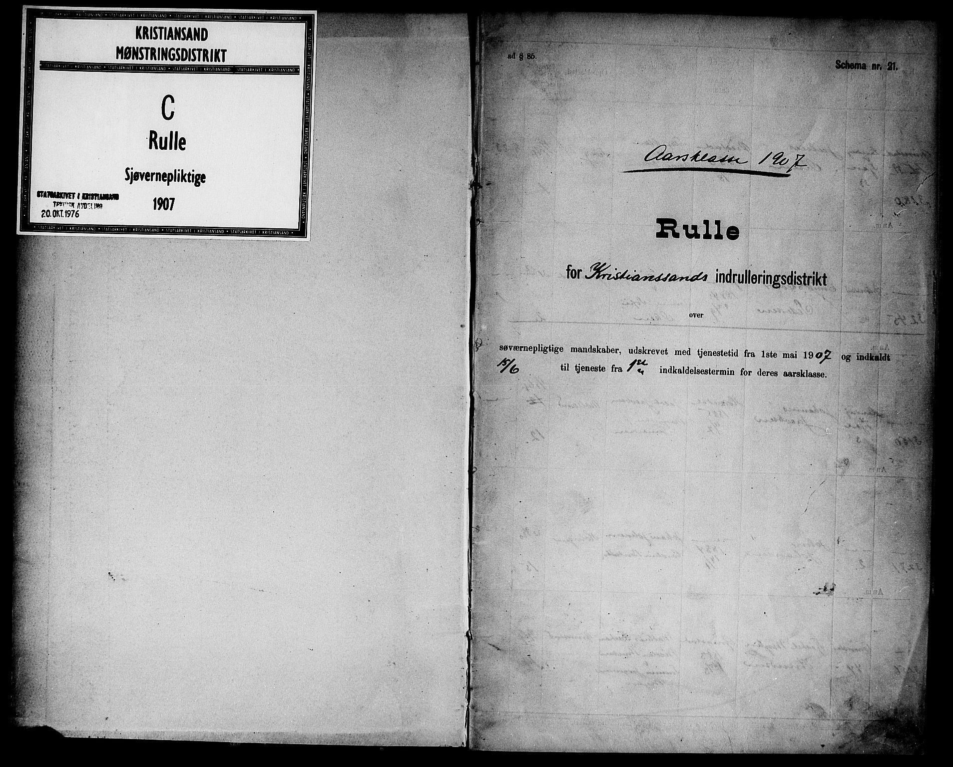 Kristiansand mønstringskrets, SAK/2031-0015/F/Fd/L0009: Rulle sjøvernepliktige, C-9, 1907, p. 1