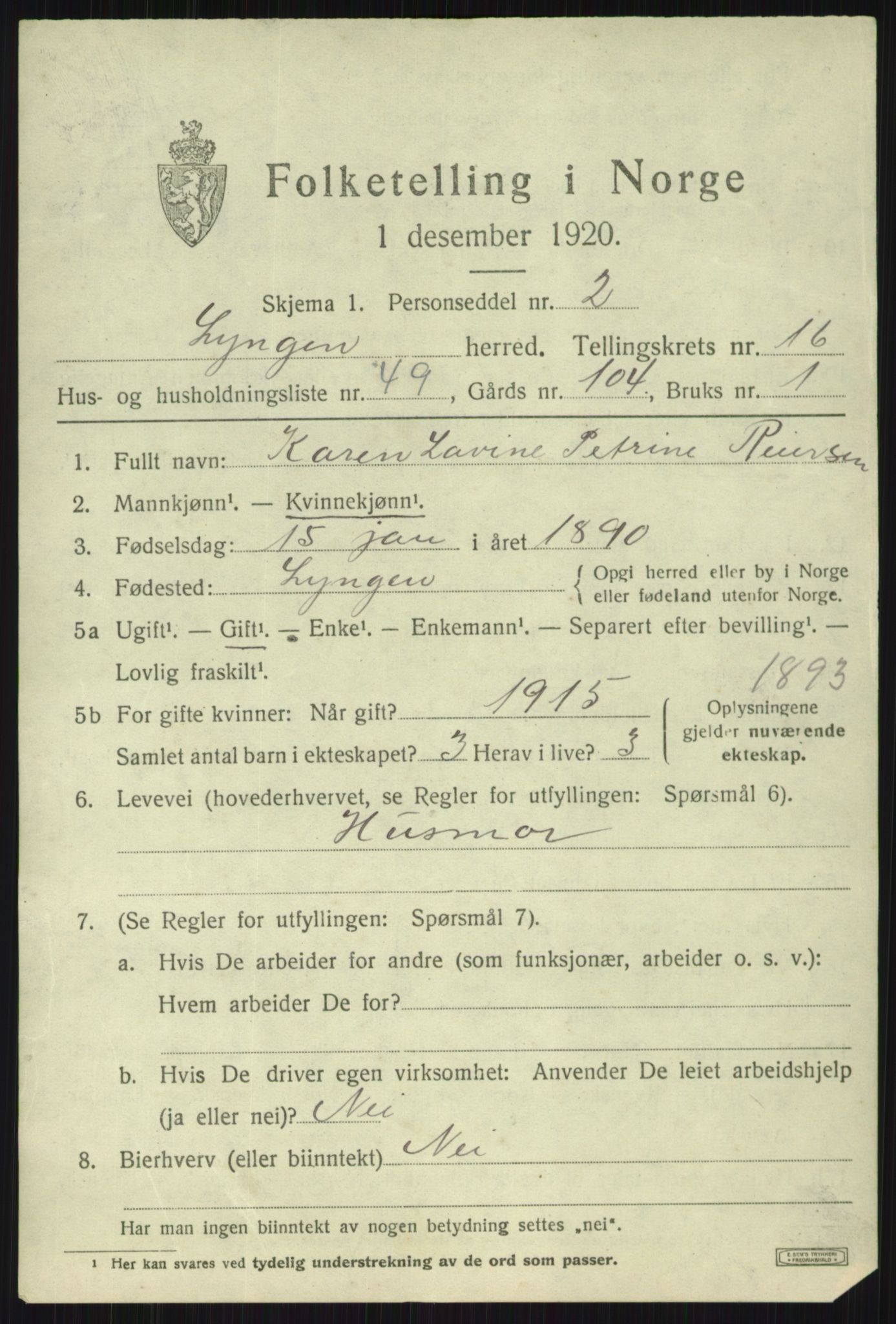 SATØ, 1920 census for Lyngen, 1920, p. 13871