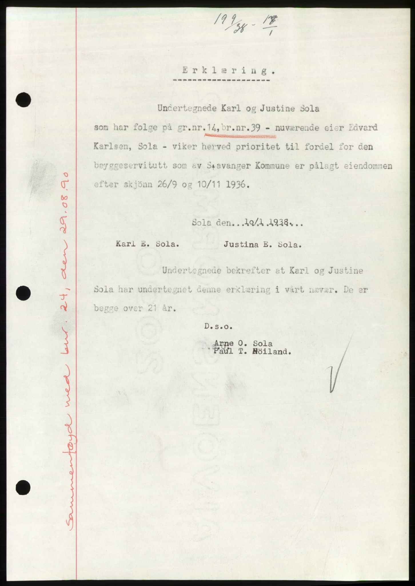 Jæren sorenskriveri, SAST/A-100310/03/G/Gba/L0070: Mortgage book, 1938-1938, Diary no: : 199/1938