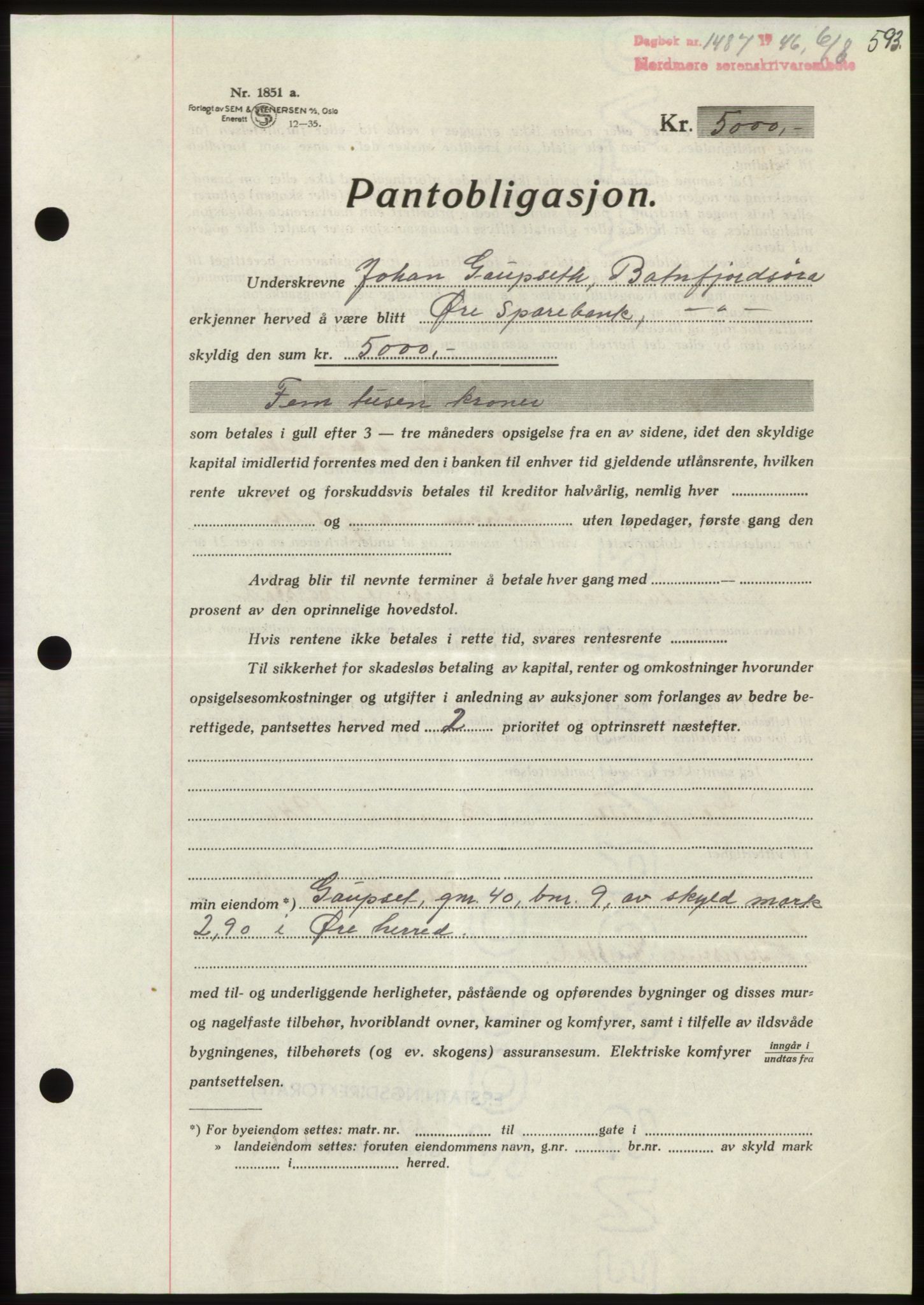 Nordmøre sorenskriveri, AV/SAT-A-4132/1/2/2Ca: Mortgage book no. B94, 1946-1946, Diary no: : 1487/1946