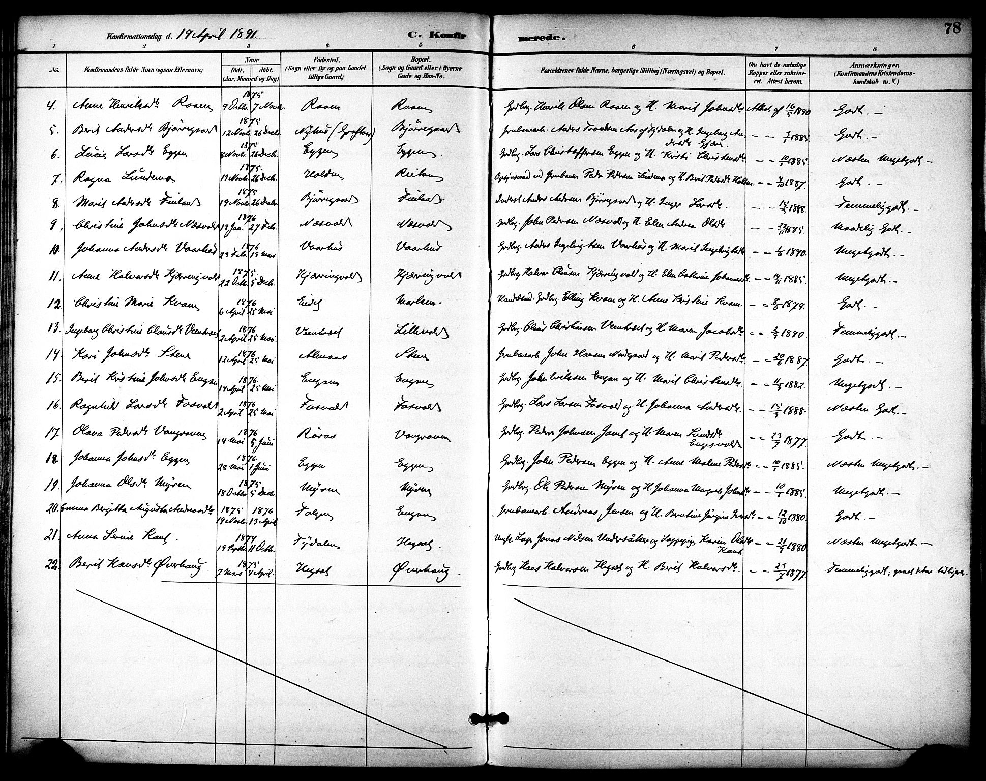 Ministerialprotokoller, klokkerbøker og fødselsregistre - Sør-Trøndelag, AV/SAT-A-1456/686/L0984: Parish register (official) no. 686A02, 1891-1906, p. 78