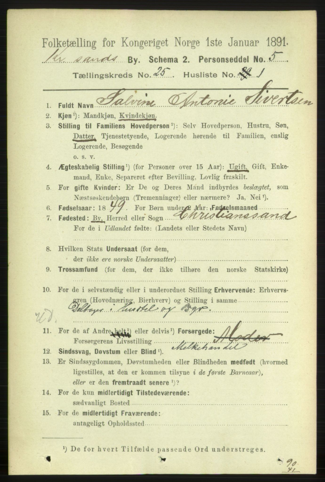 RA, 1891 census for 1001 Kristiansand, 1891, p. 8699