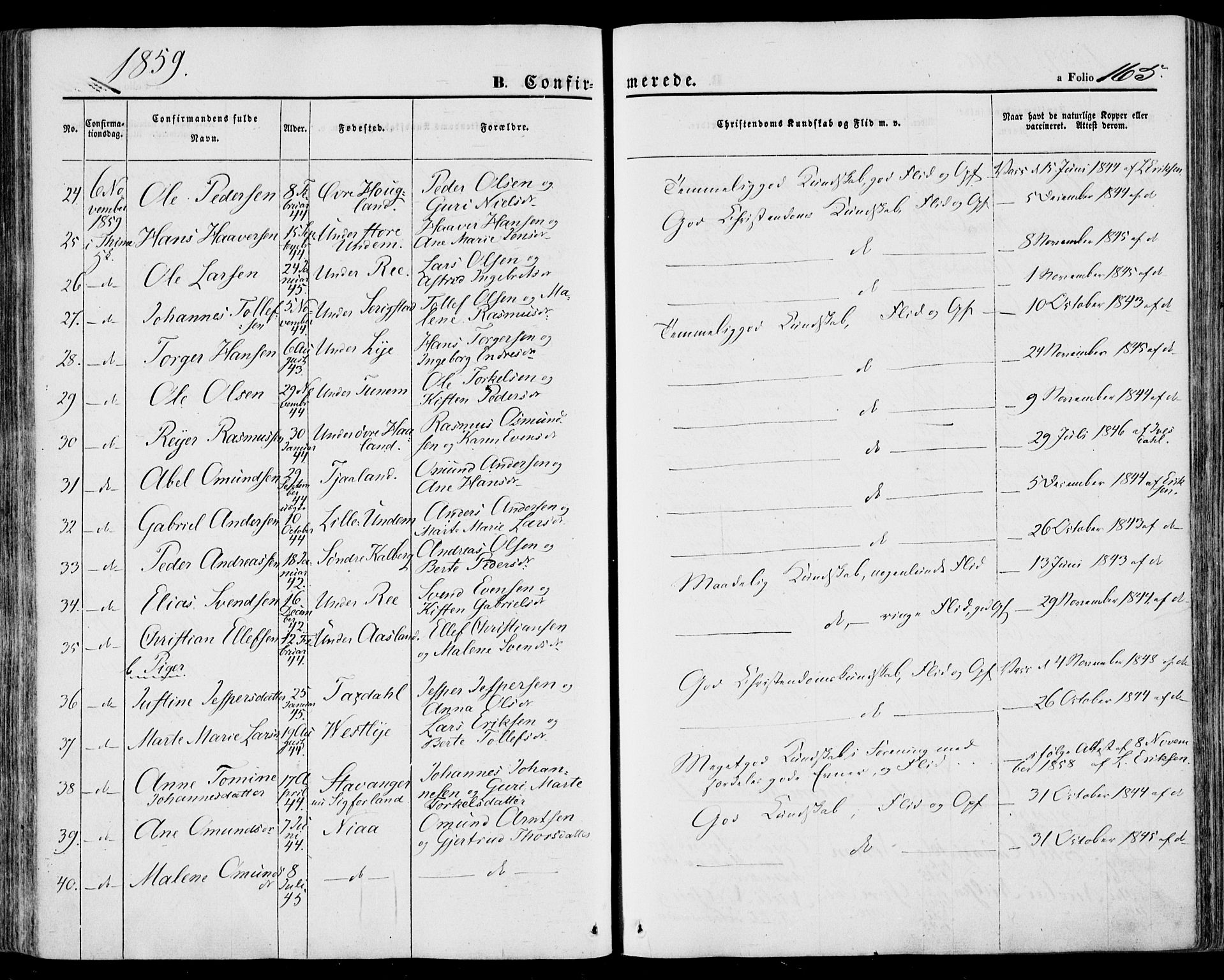 Lye sokneprestkontor, SAST/A-101794/001/30BA/L0007: Parish register (official) no. A 6, 1856-1871, p. 165