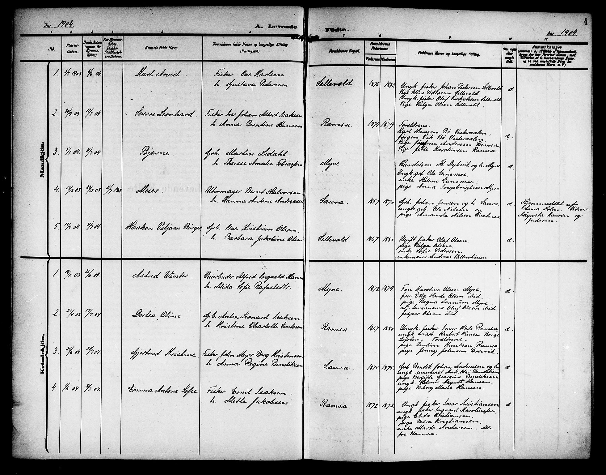 Ministerialprotokoller, klokkerbøker og fødselsregistre - Nordland, SAT/A-1459/897/L1414: Parish register (copy) no. 897C04, 1904-1915, p. 4