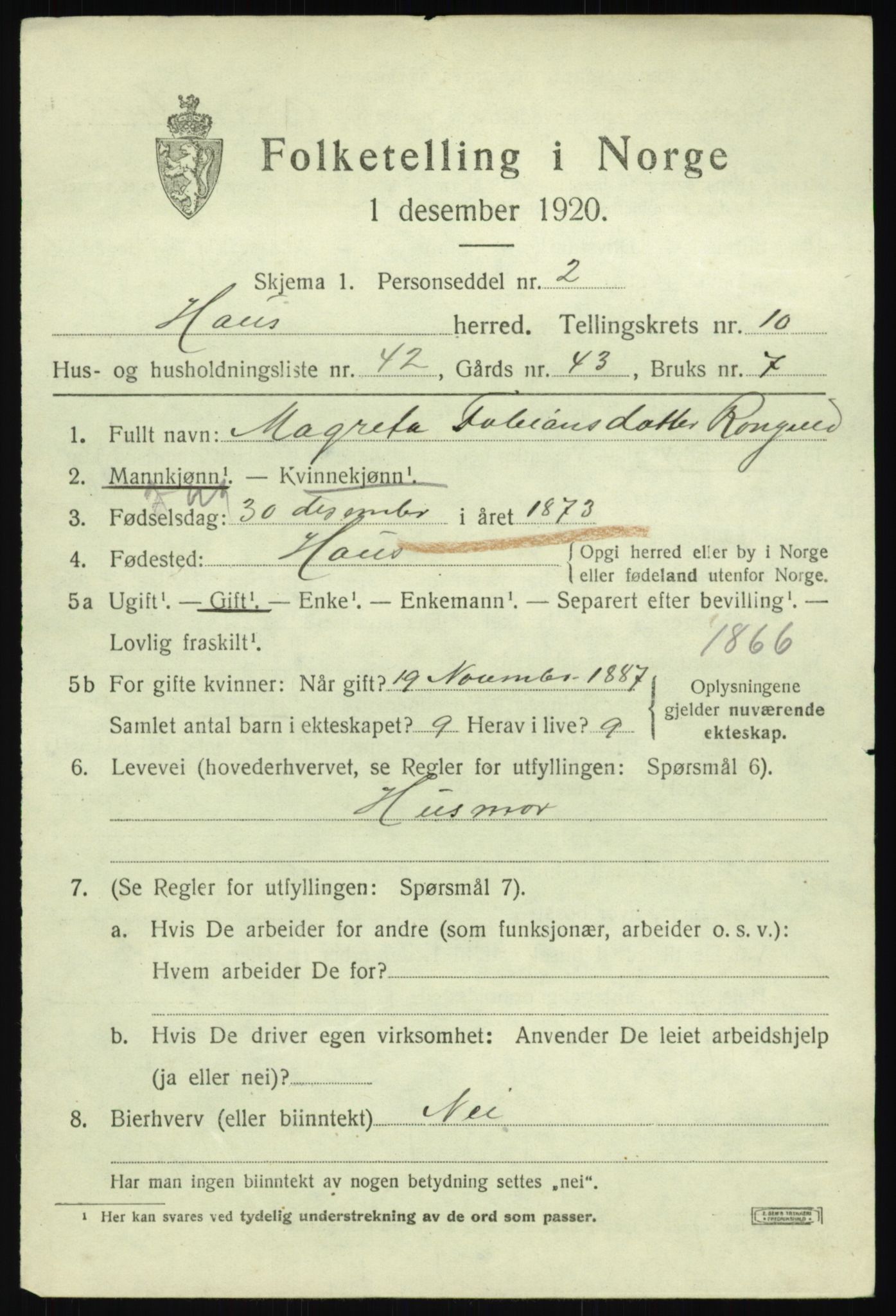 SAB, 1920 census for Haus, 1920, p. 6703