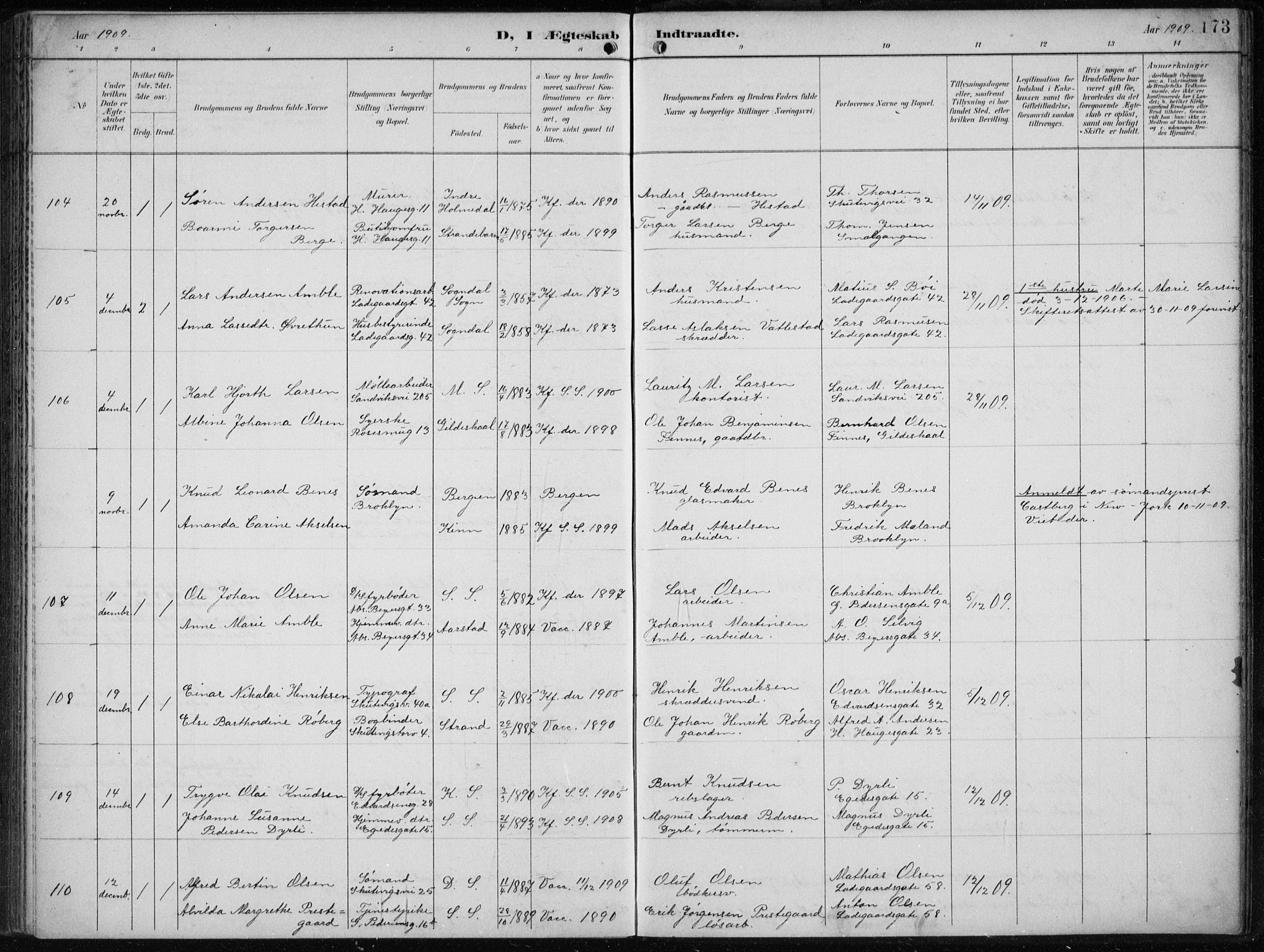 Sandviken Sokneprestembete, AV/SAB-A-77601/H/Ha/L0014: Parish register (official) no. D 1, 1896-1911, p. 173