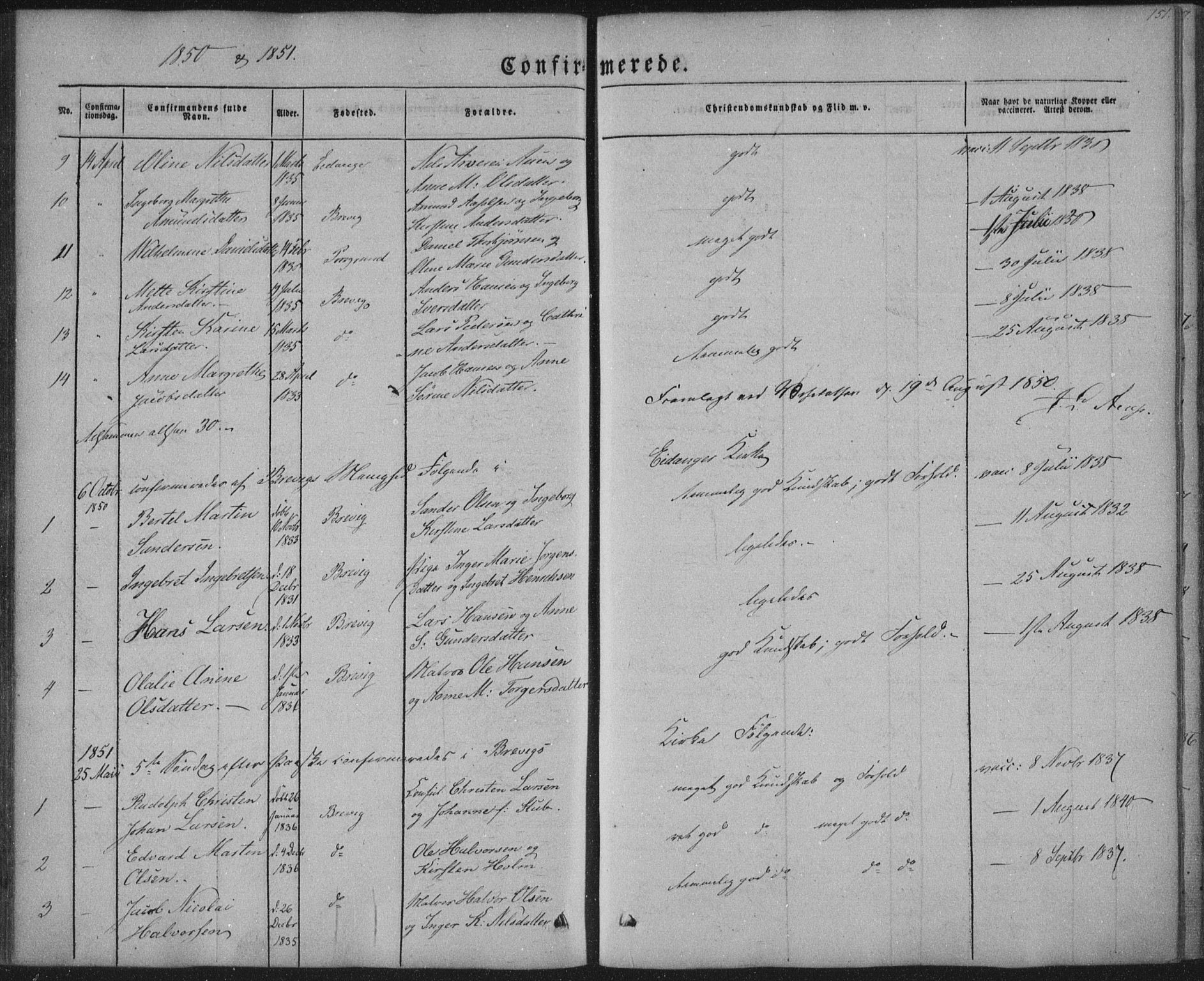 Brevik kirkebøker, SAKO/A-255/F/Fa/L0005: Parish register (official) no. 5, 1847-1865, p. 151