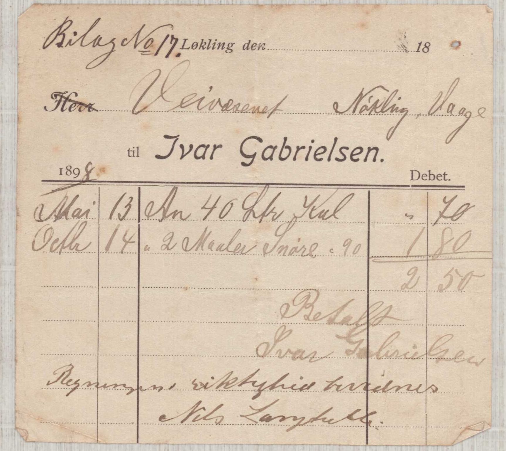 Finnaas kommune. Formannskapet, IKAH/1218a-021/E/Ea/L0002/0006: Rekneskap for veganlegg / Rekneskap for veganlegget Våge - Nøkling, 1898, p. 15