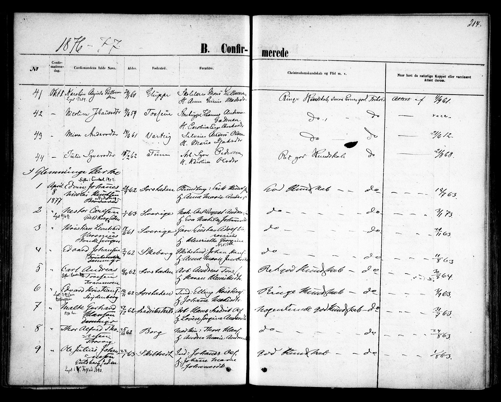 Glemmen prestekontor Kirkebøker, AV/SAO-A-10908/F/Fa/L0009: Parish register (official) no. 9, 1871-1878, p. 214