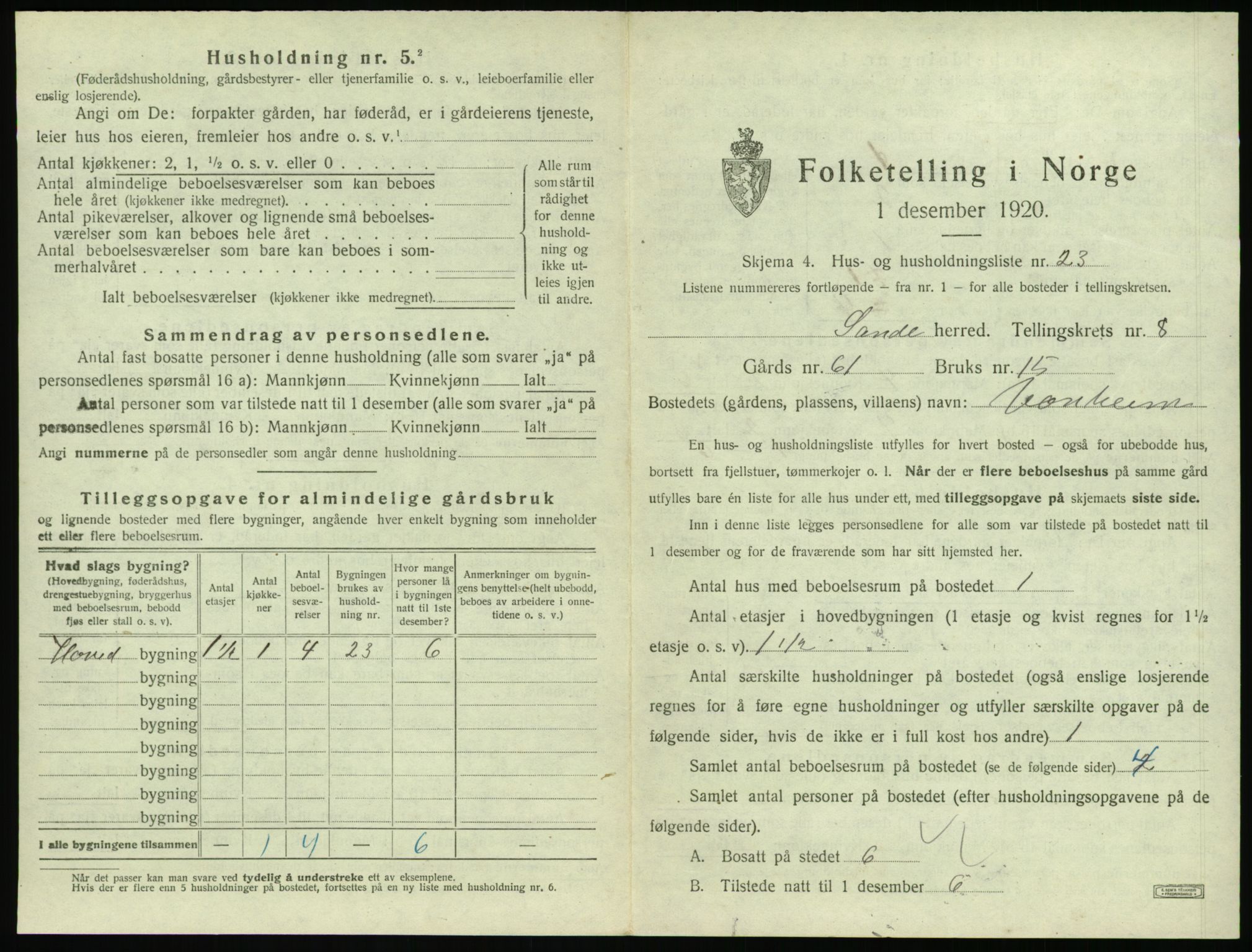SAT, 1920 census for Sande (MR), 1920, p. 708