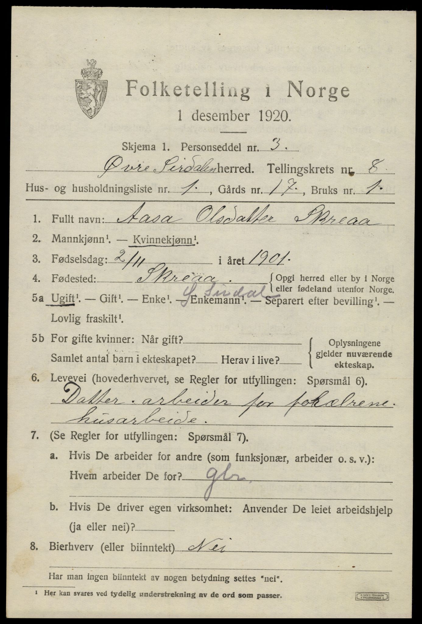 SAK, 1920 census for Øvre Sirdal, 1920, p. 1329