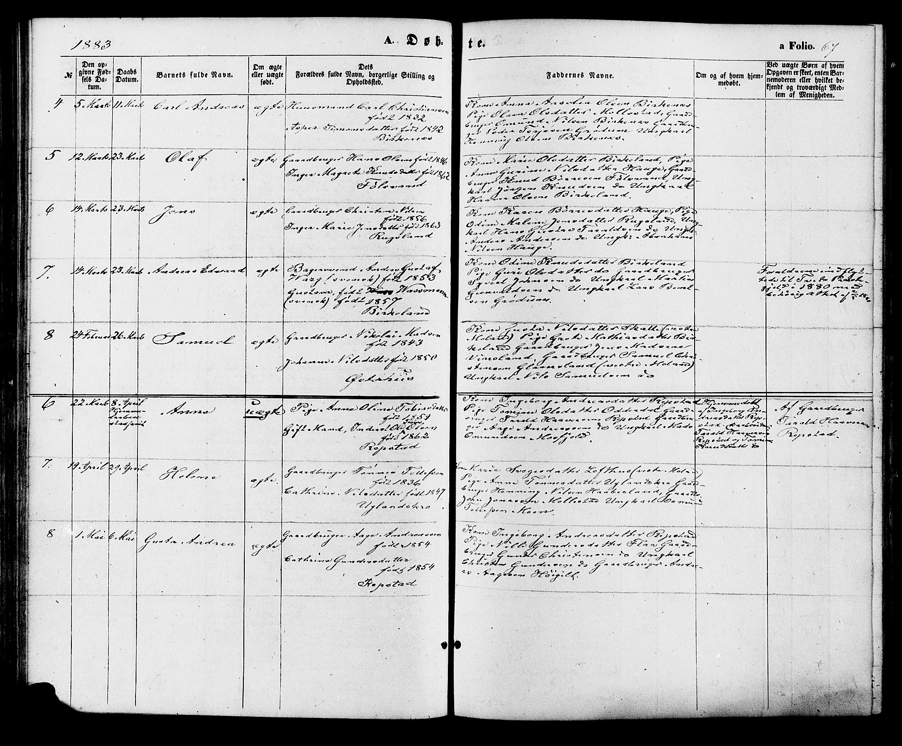Birkenes sokneprestkontor, AV/SAK-1111-0004/F/Fa/L0004: Parish register (official) no. A 4, 1867-1886, p. 67