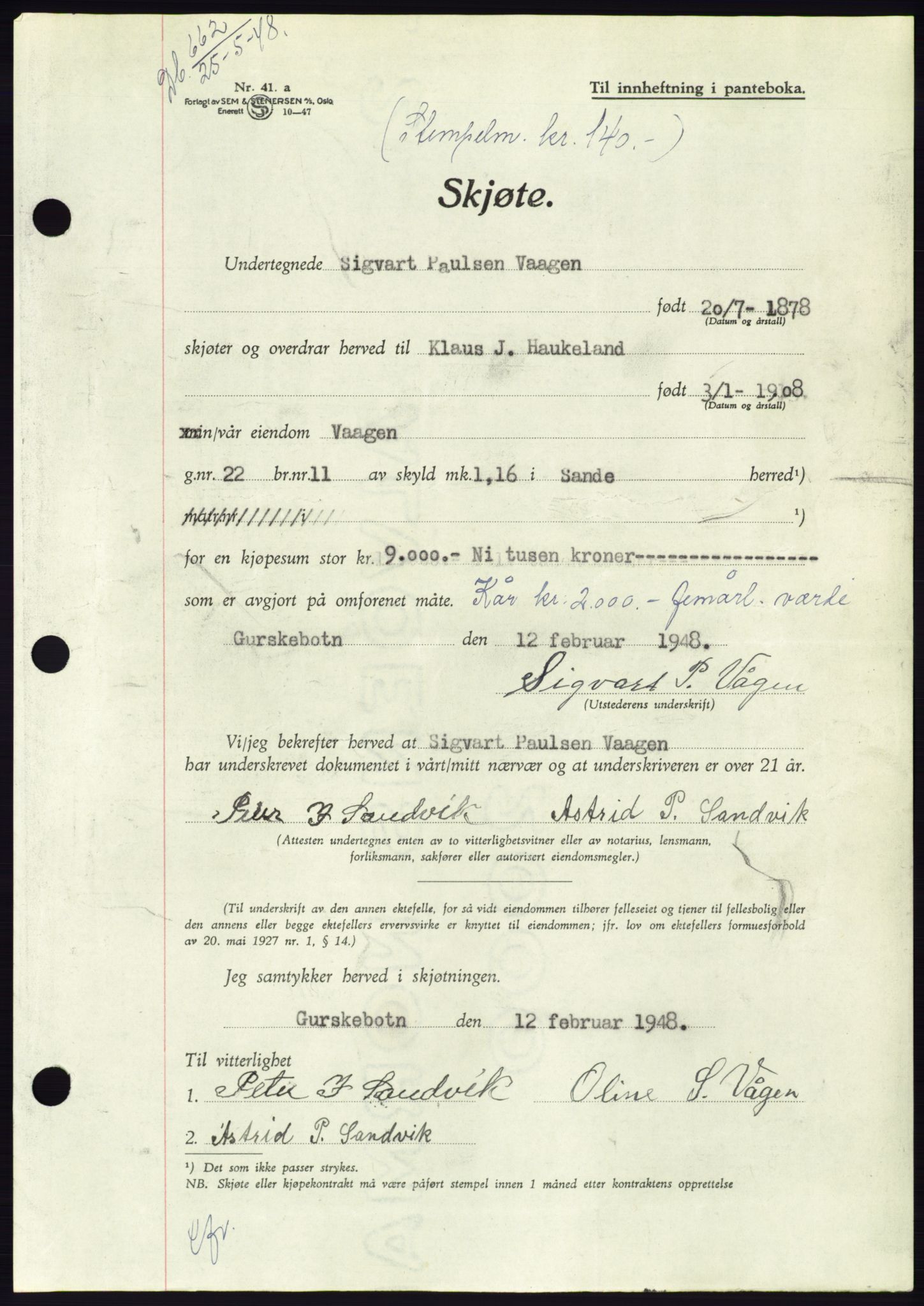 Søre Sunnmøre sorenskriveri, AV/SAT-A-4122/1/2/2C/L0082: Mortgage book no. 8A, 1948-1948, Diary no: : 662/1948