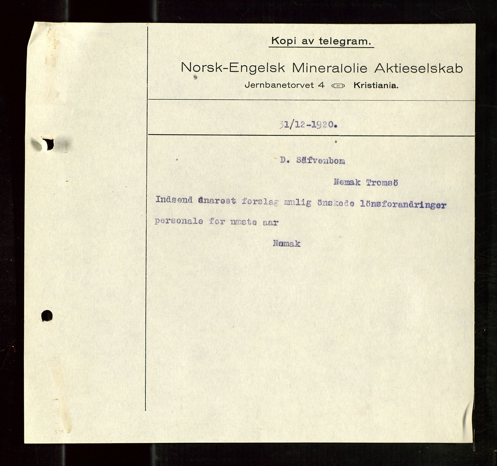 Pa 1521 - A/S Norske Shell, SAST/A-101915/E/Ea/Eaa/L0010: Sjefskorrespondanse, 1920, p. 98