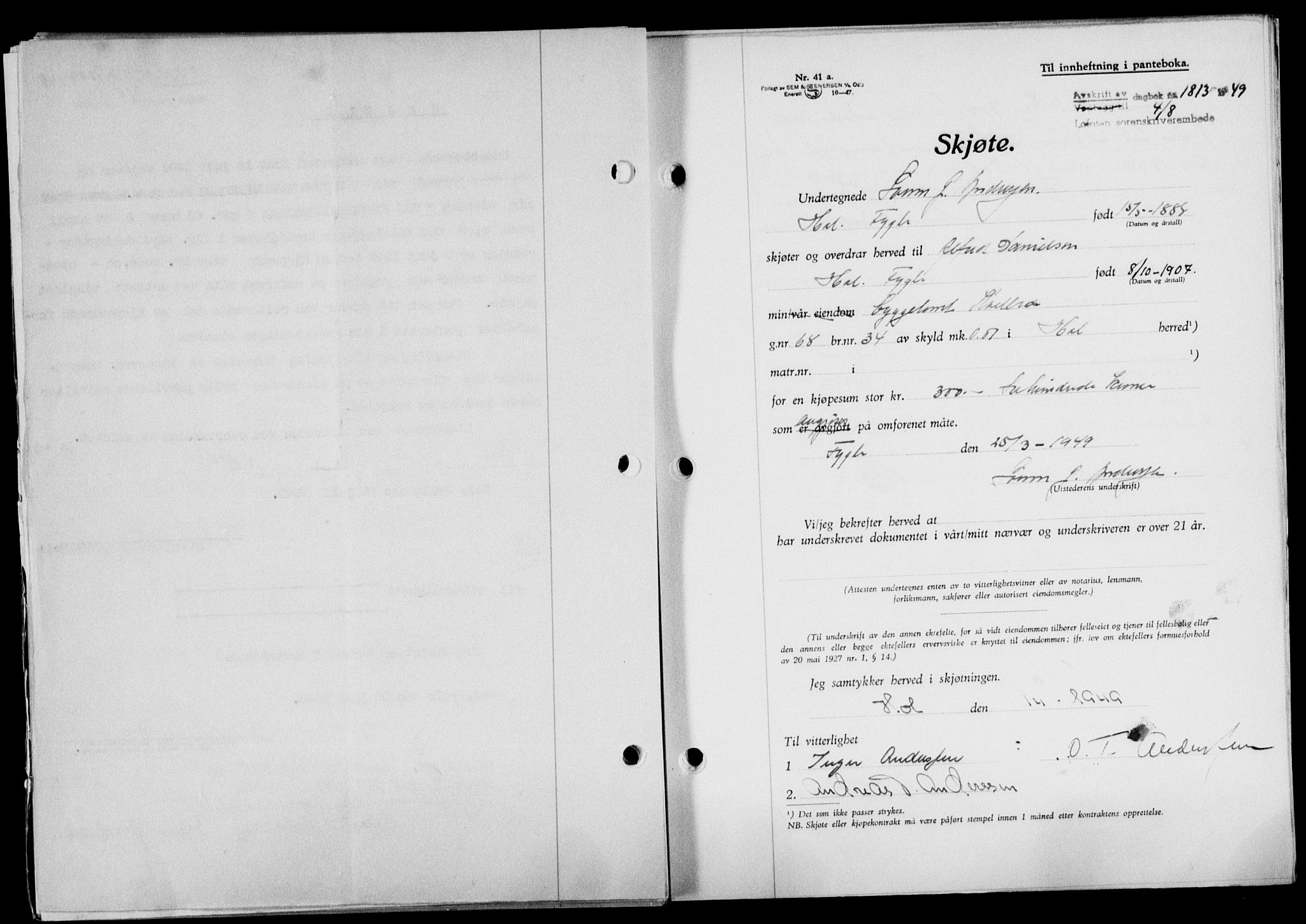 Lofoten sorenskriveri, SAT/A-0017/1/2/2C/L0021a: Mortgage book no. 21a, 1949-1949, Diary no: : 1813/1949