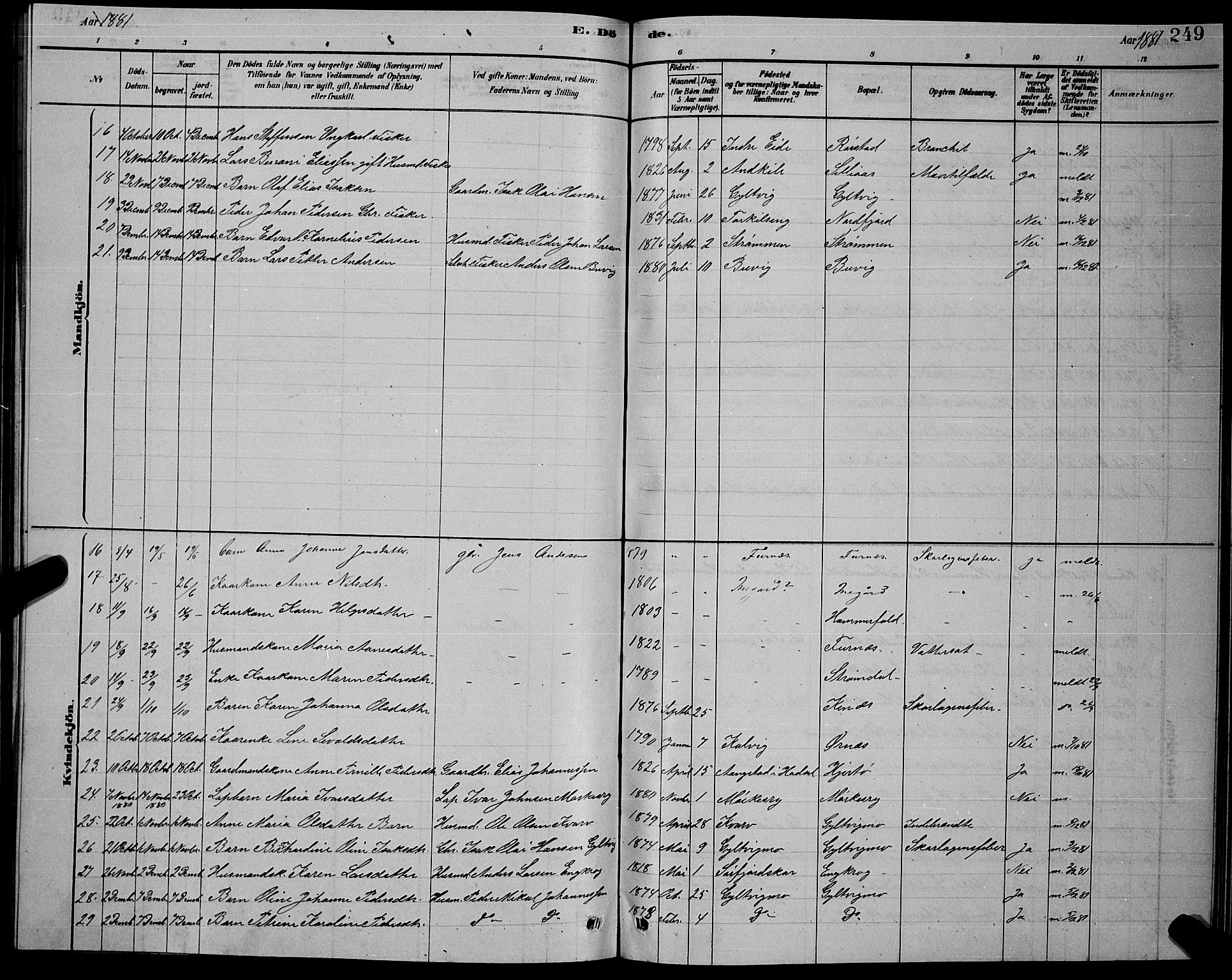 Ministerialprotokoller, klokkerbøker og fødselsregistre - Nordland, AV/SAT-A-1459/853/L0776: Parish register (copy) no. 853C04, 1878-1889, p. 249