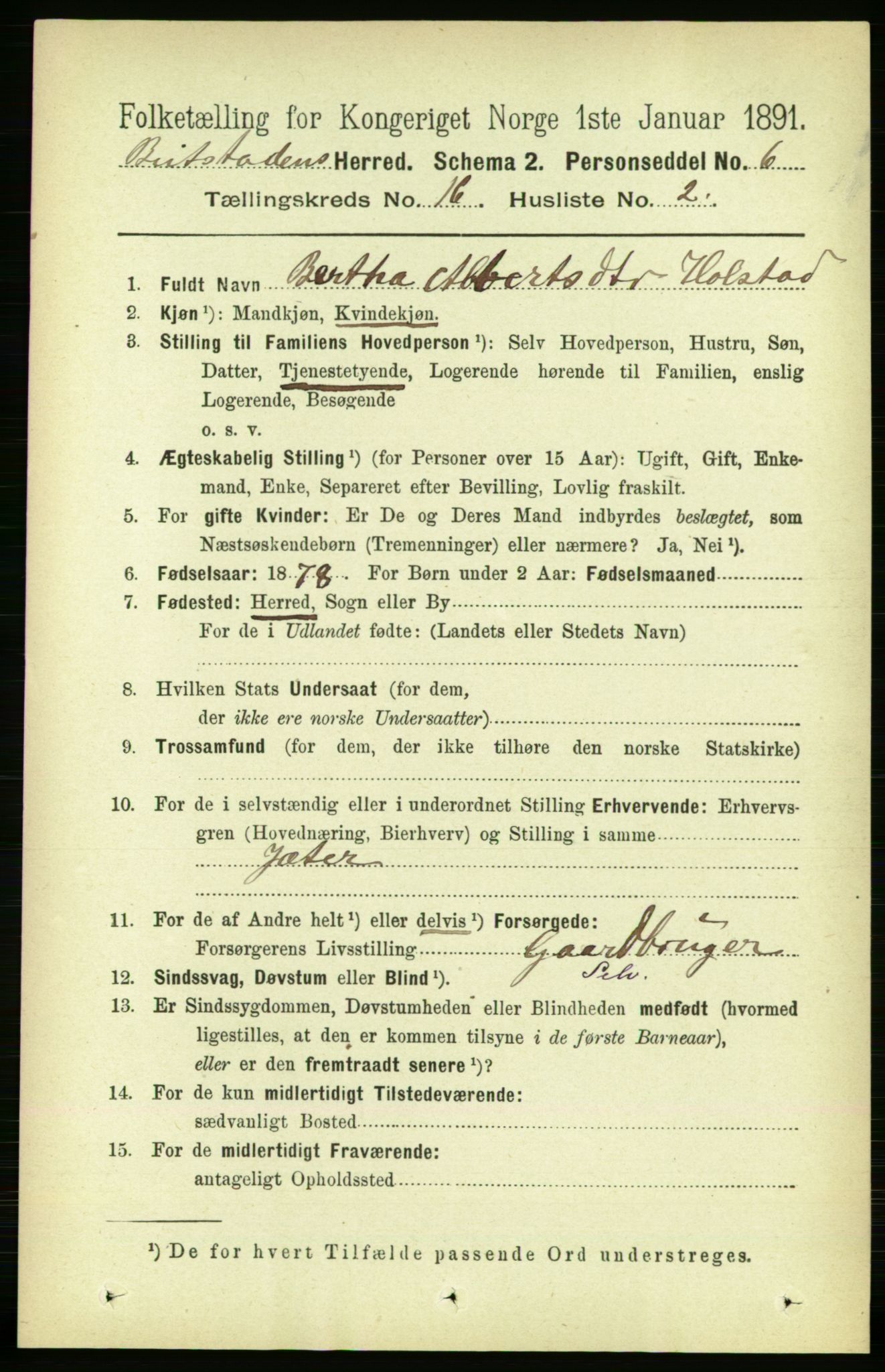 RA, 1891 census for 1727 Beitstad, 1891, p. 4178