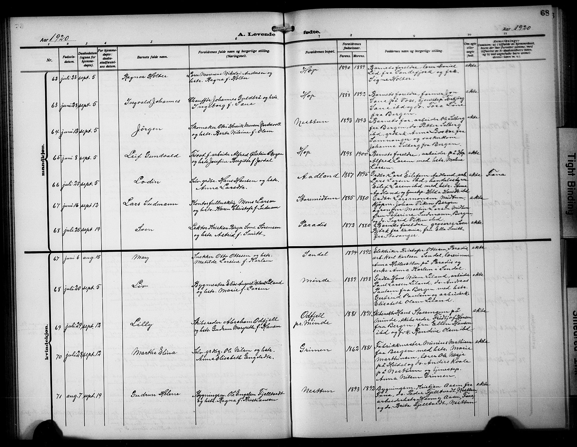 Birkeland Sokneprestembete, SAB/A-74601/H/Hab: Parish register (copy) no. A 7, 1916-1923, p. 68