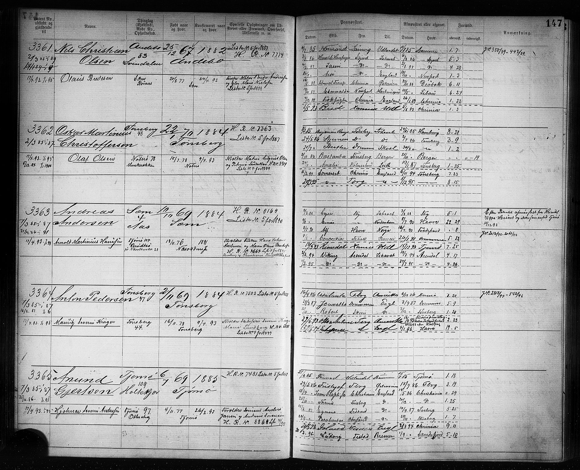 Tønsberg innrulleringskontor, AV/SAKO-A-786/F/Fb/L0007: Annotasjonsrulle Patent nr. 2636-5150, 1881-1892, p. 148