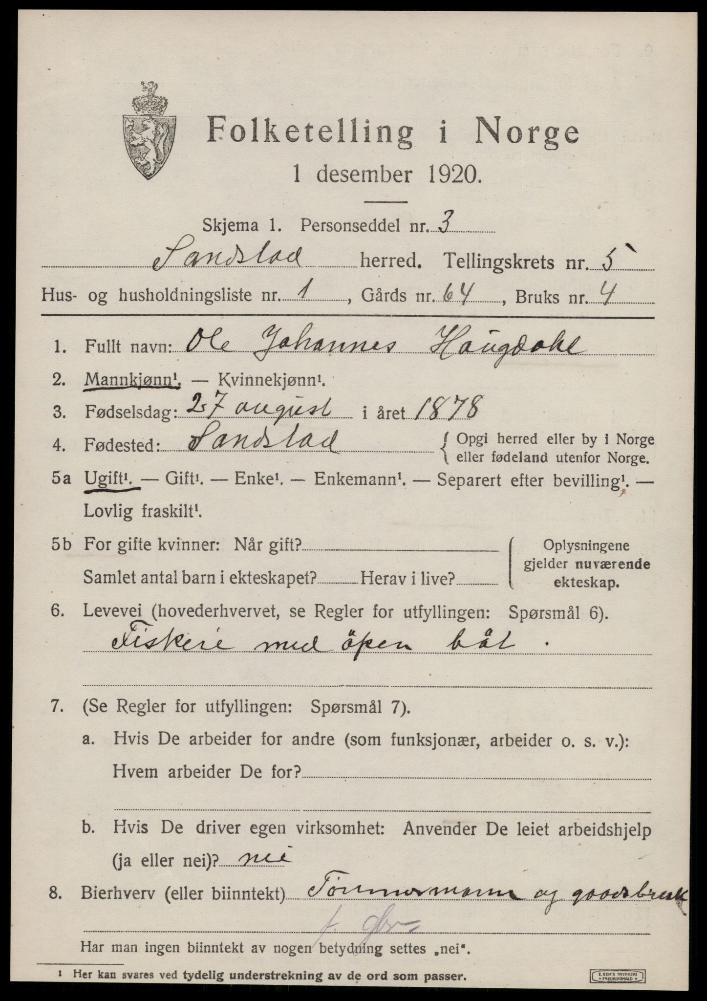 SAT, 1920 census for Sandstad, 1920, p. 2089