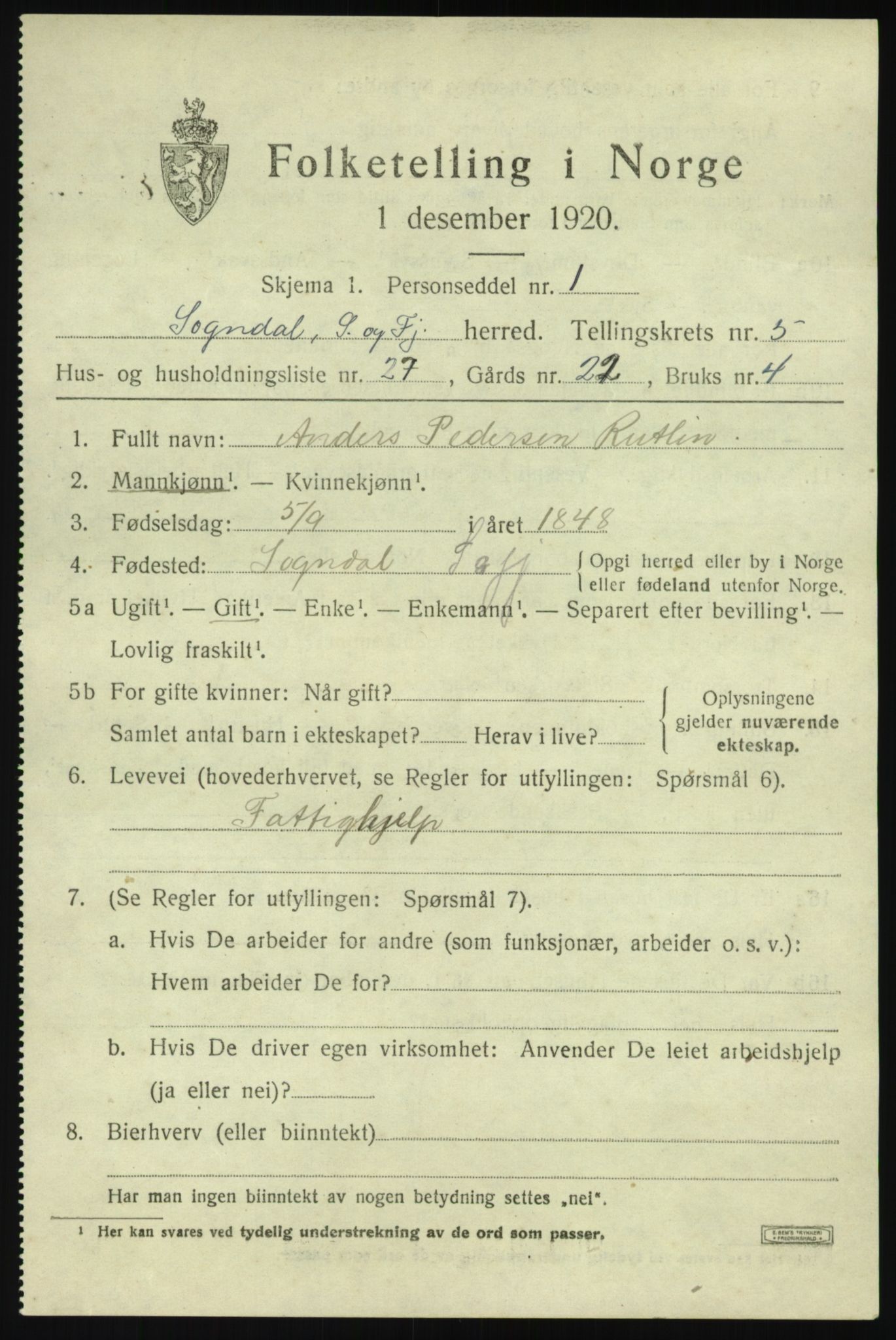 SAB, 1920 census for Sogndal, 1920, p. 2931