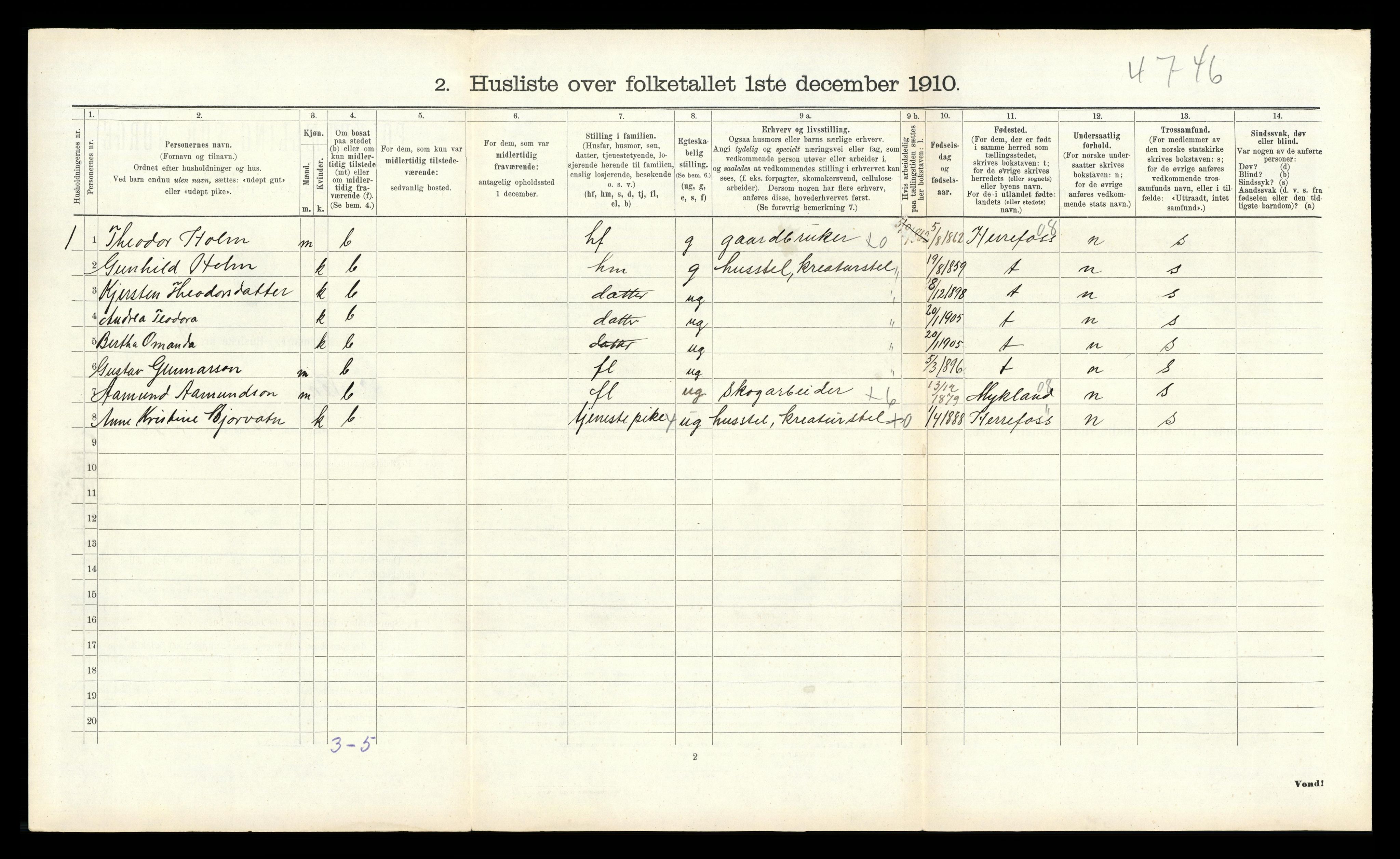 RA, 1910 census for Vegusdal, 1910, p. 304