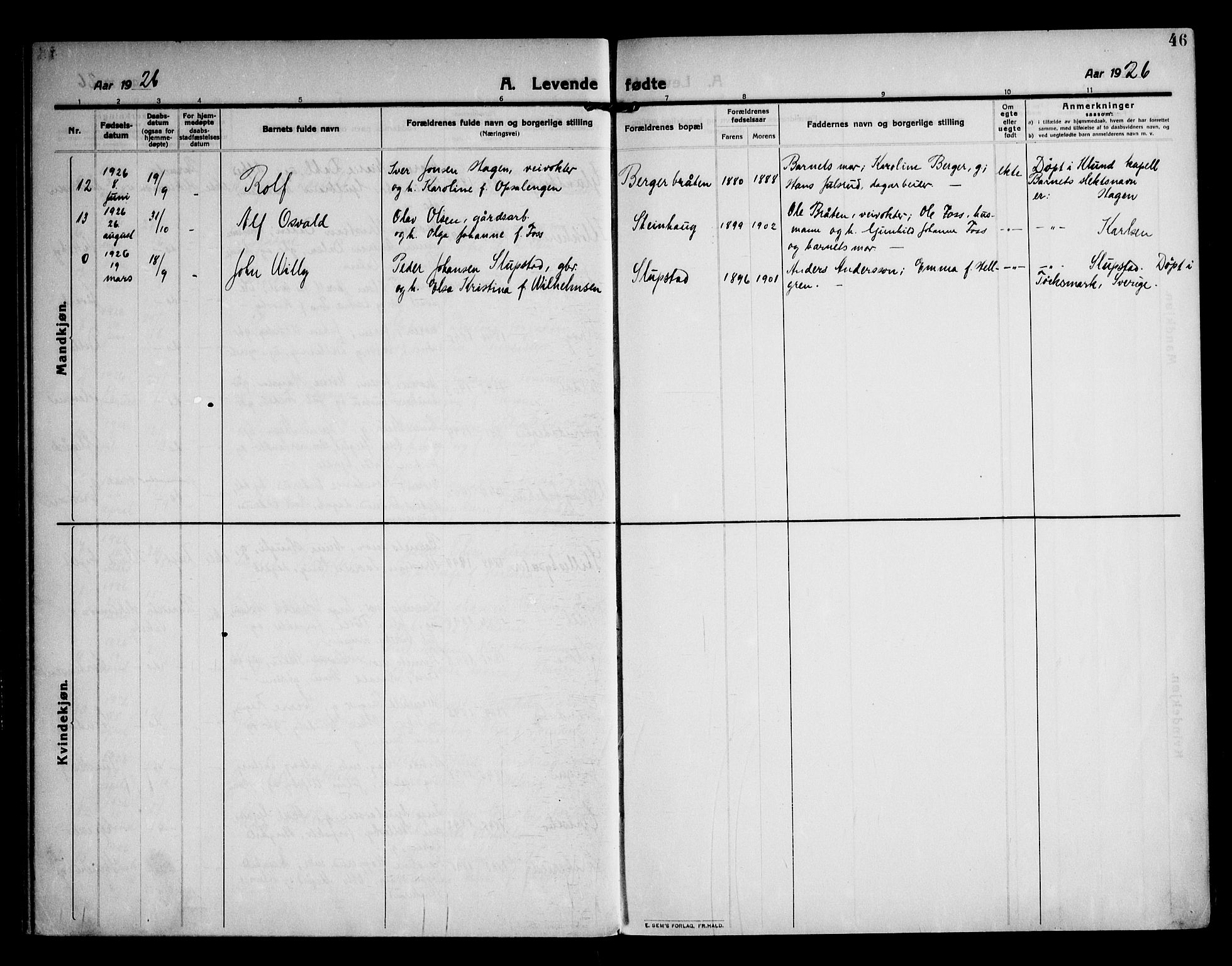 Rødenes prestekontor Kirkebøker, AV/SAO-A-2005/F/Fa/L0012: Parish register (official) no. I 12, 1911-1926, p. 46