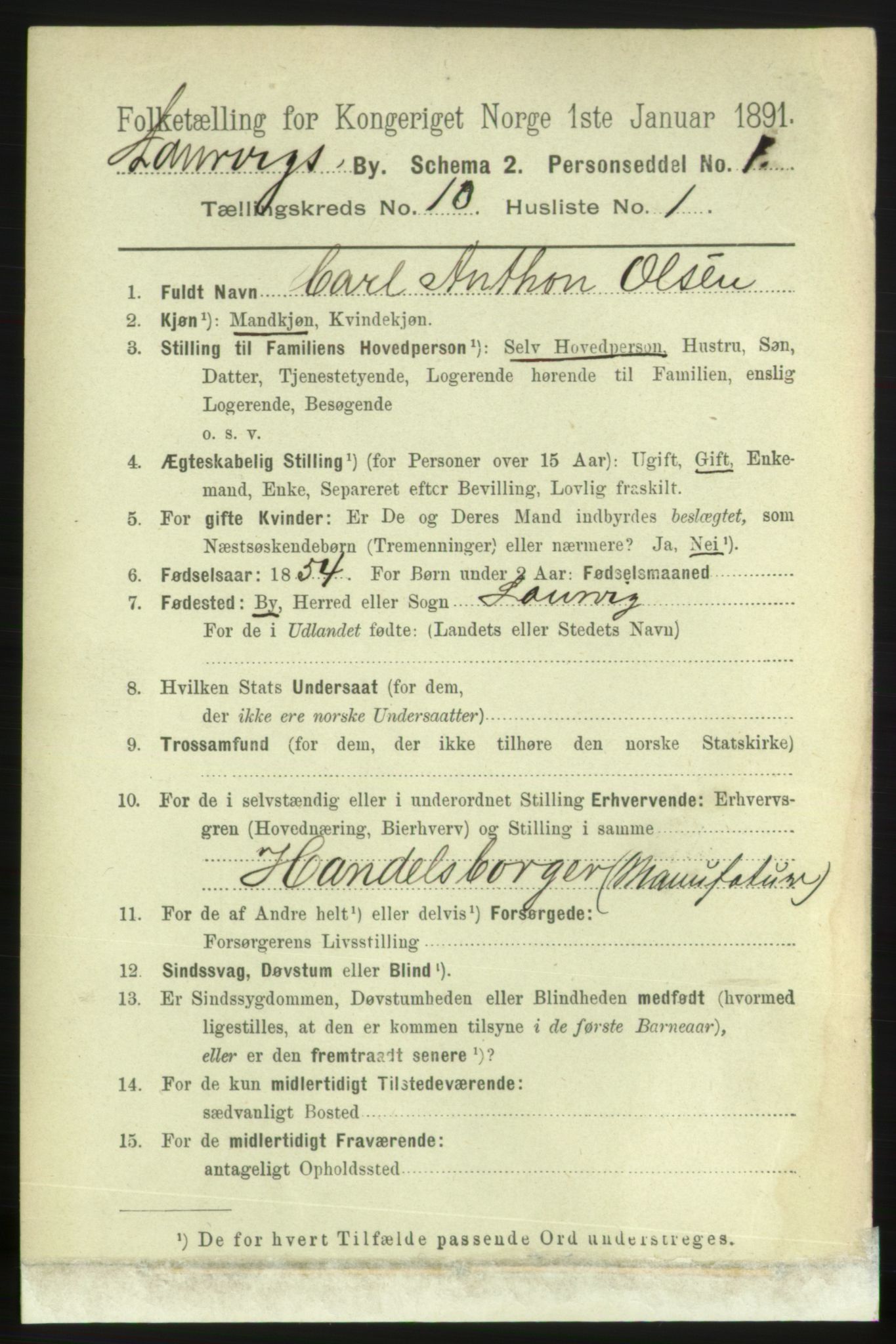 RA, 1891 census for 0707 Larvik, 1891, p. 9070