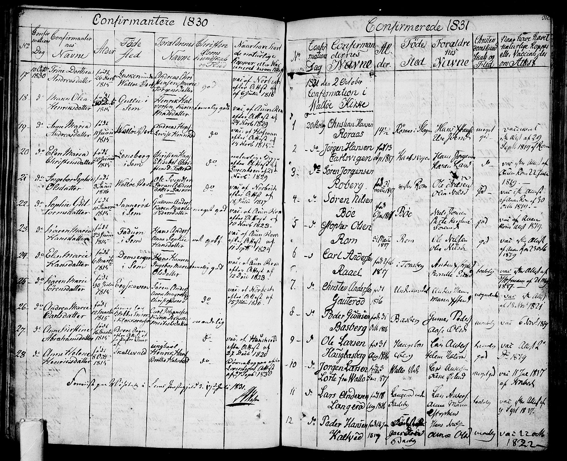 Sem kirkebøker, AV/SAKO-A-5/F/Fa/L0005: Parish register (official) no. I 5, 1825-1842, p. 311-312