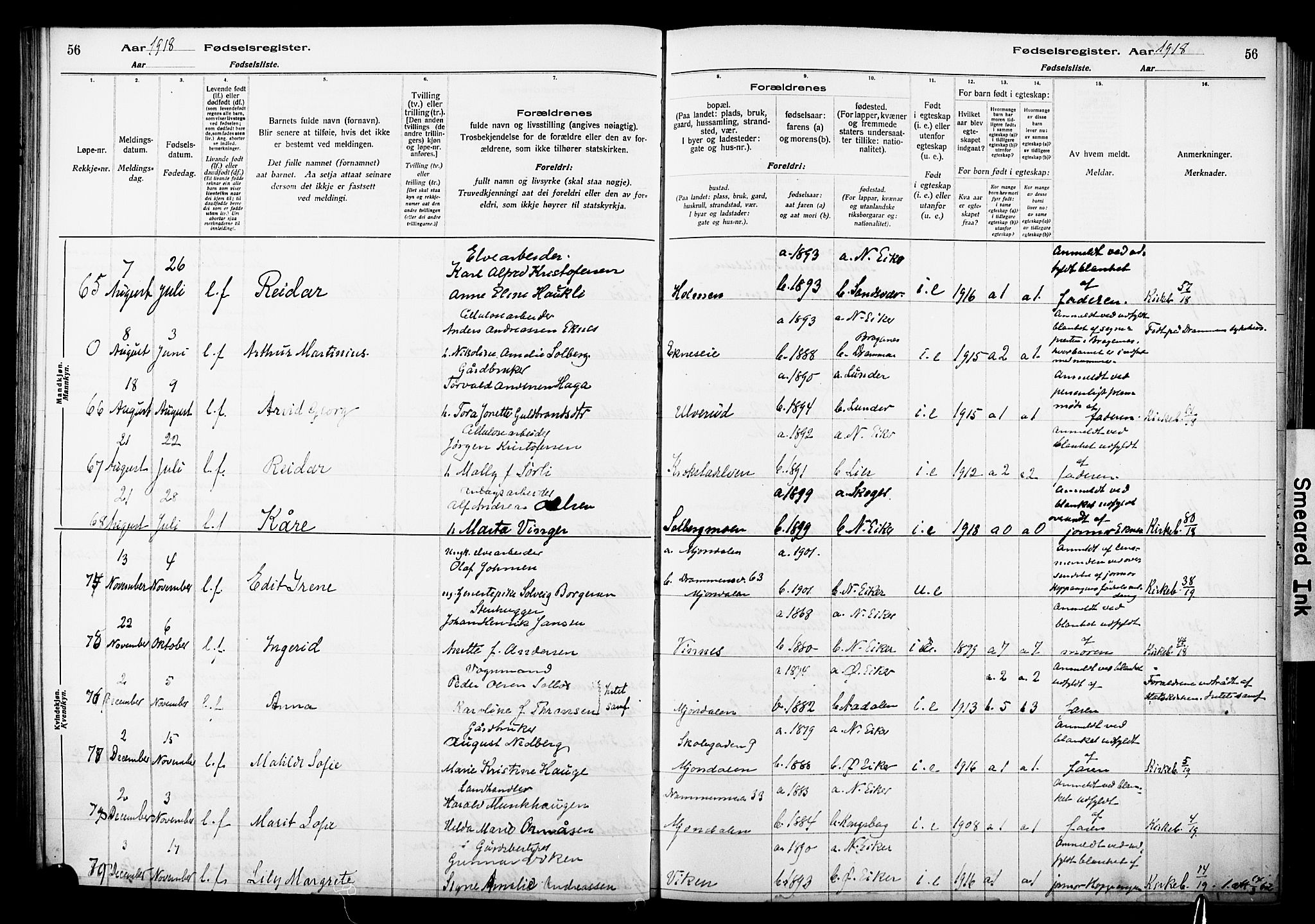 Nedre Eiker kirkebøker, SAKO/A-612/J/Ja/L0001: Birth register no. 1, 1916-1925, p. 56